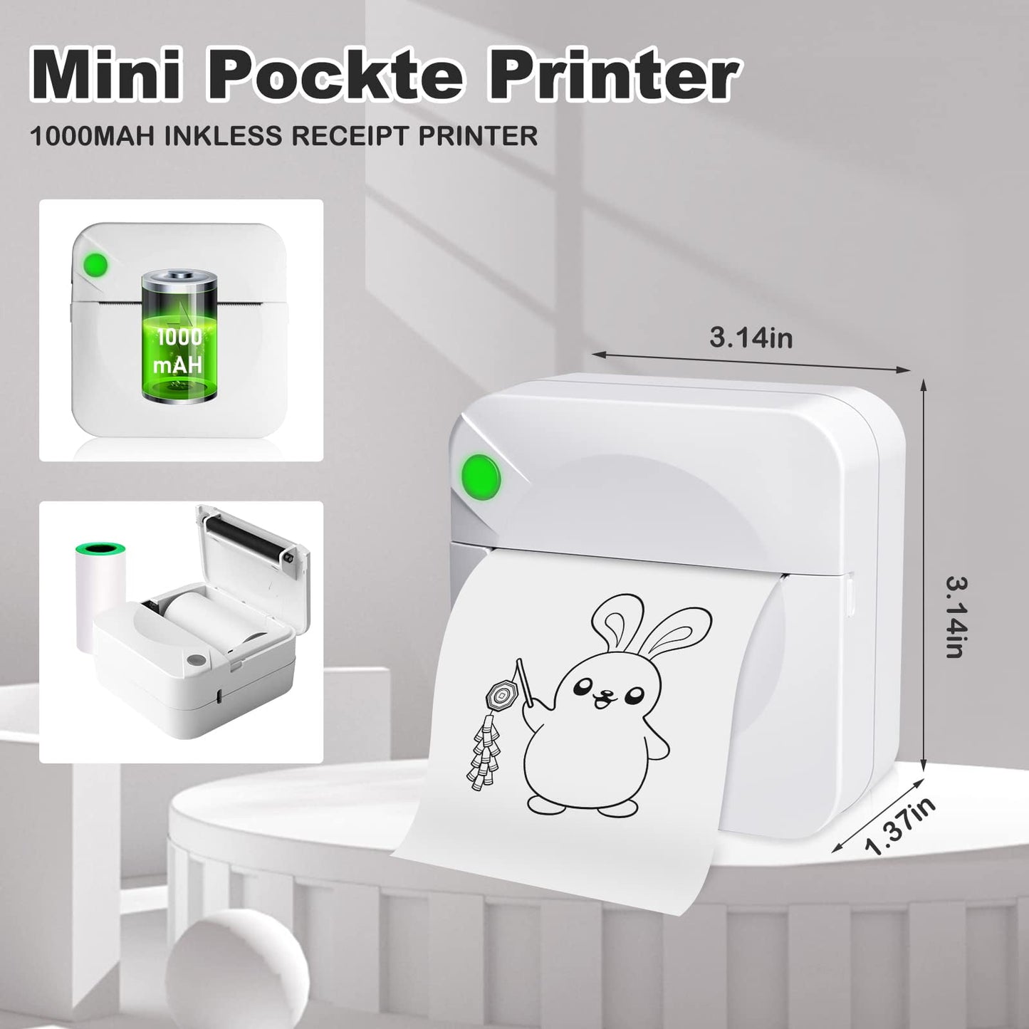 Fixdono Mini Photo Printer, Portable Pocket Thermal Printer with 1 Rolls Paper for iOS Android