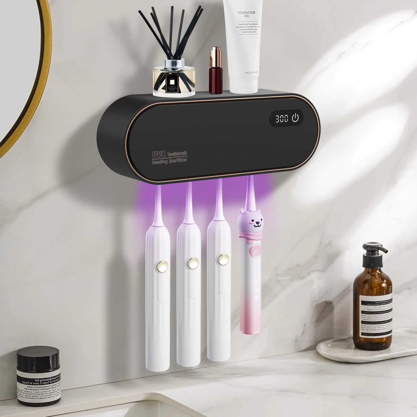 Sentryse Toothbrush Holders for Bathrooms, Rechargeable UV Toothbrush Sanitizer Holder, Wall Mounted 4 Slot, 1 Pack