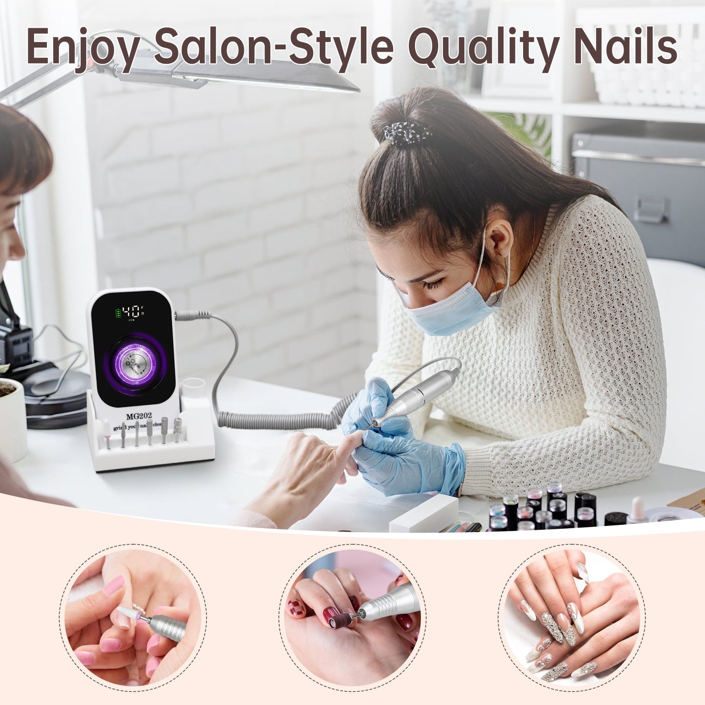 Sentryse Electric Nail Drill 40000RPM Professional Electric File Rechargeable Nail Drill Machine with LCD Display & Base & 7 Bits for Salon Manicures