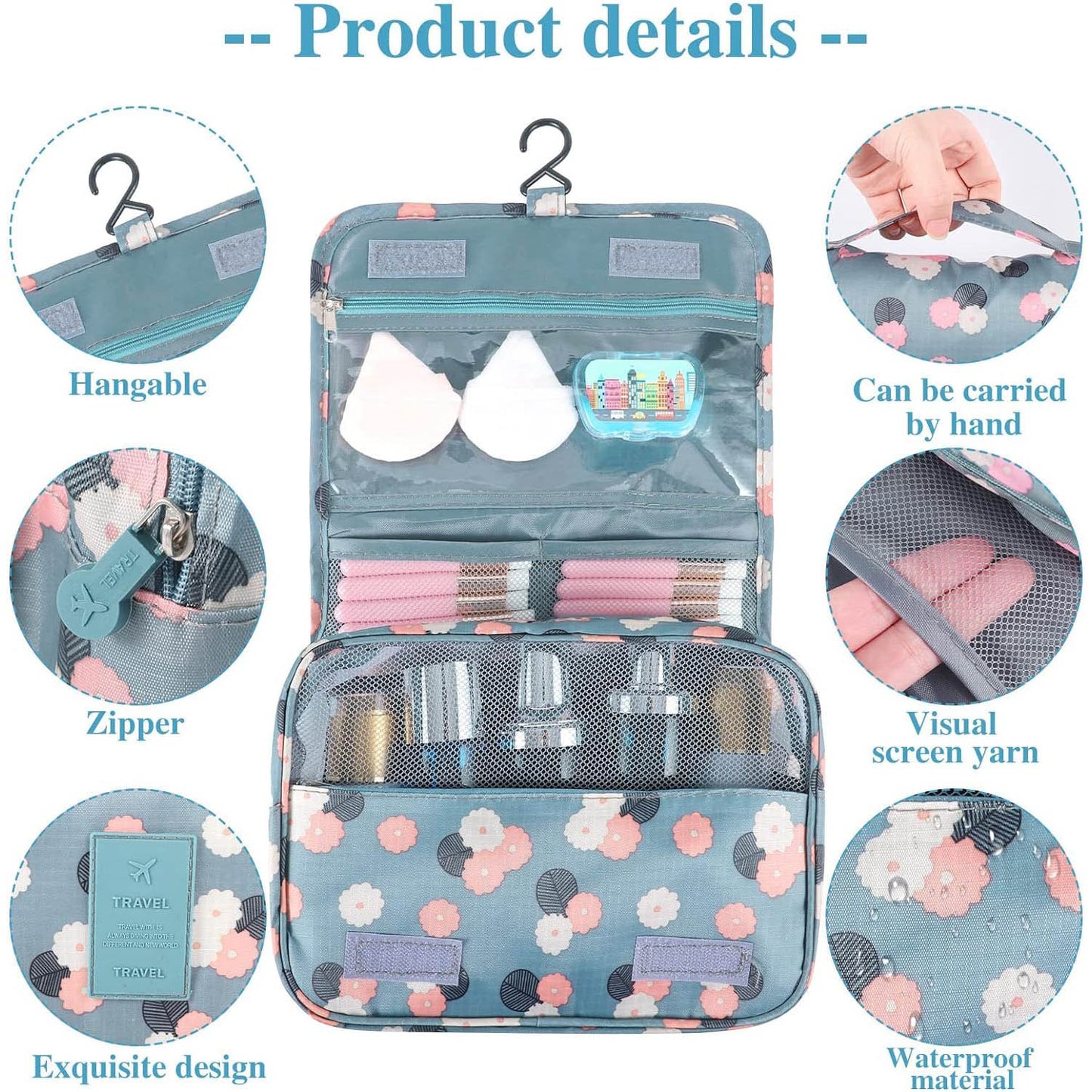 Toiletry Bag Travel Bag with Hanging Hook, Waterproof Makeup Cosmetic Bag Travel Organizer for Accessories, Full-size Container, Large Capacity