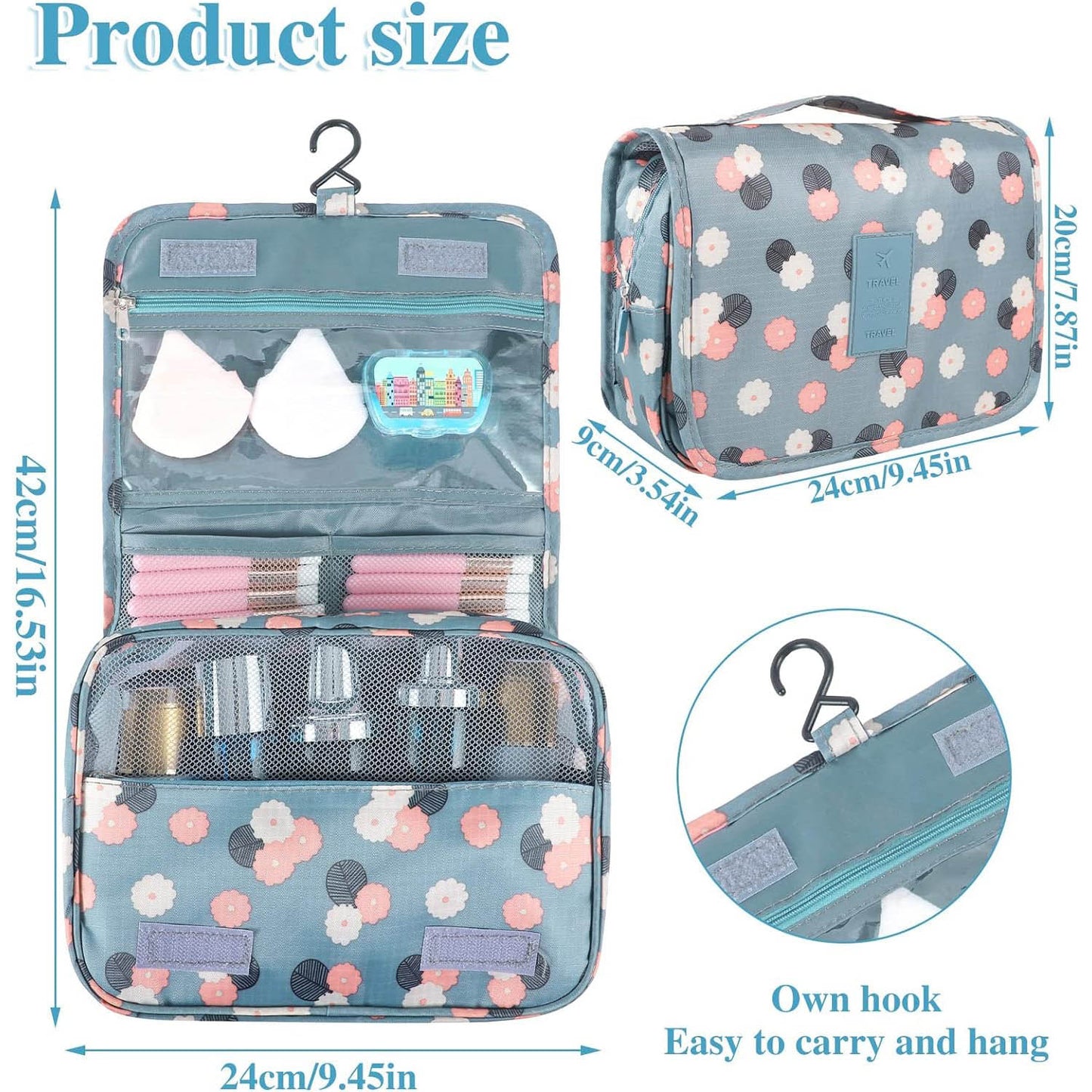 Toiletry Bag Travel Bag with Hanging Hook, Waterproof Makeup Cosmetic Bag Travel Organizer for Accessories, Full-size Container, Large Capacity