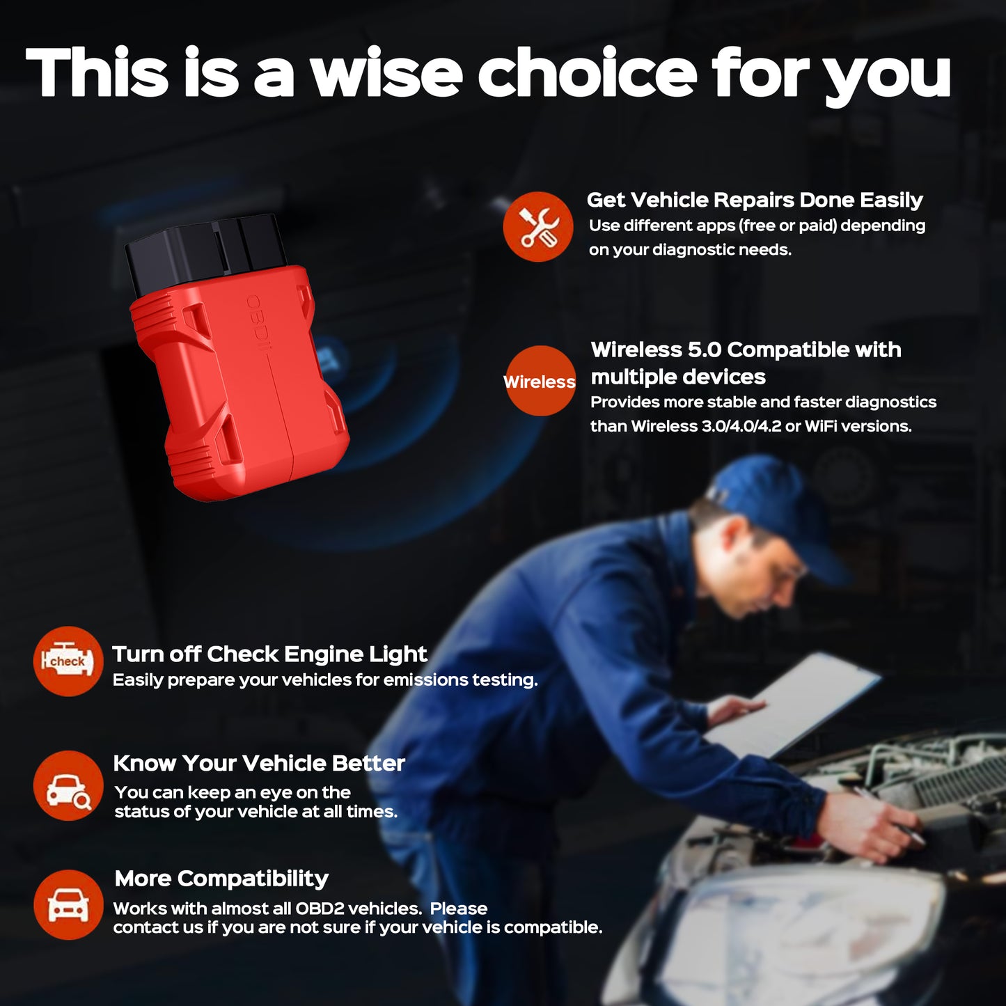Tidymend OBD2 Scanner Bluetooth, Car Code Reader for iOS & Android, Exclusive APP & No Subscription Fee, OBDII Car Scanner Diagnostic Scan Tool