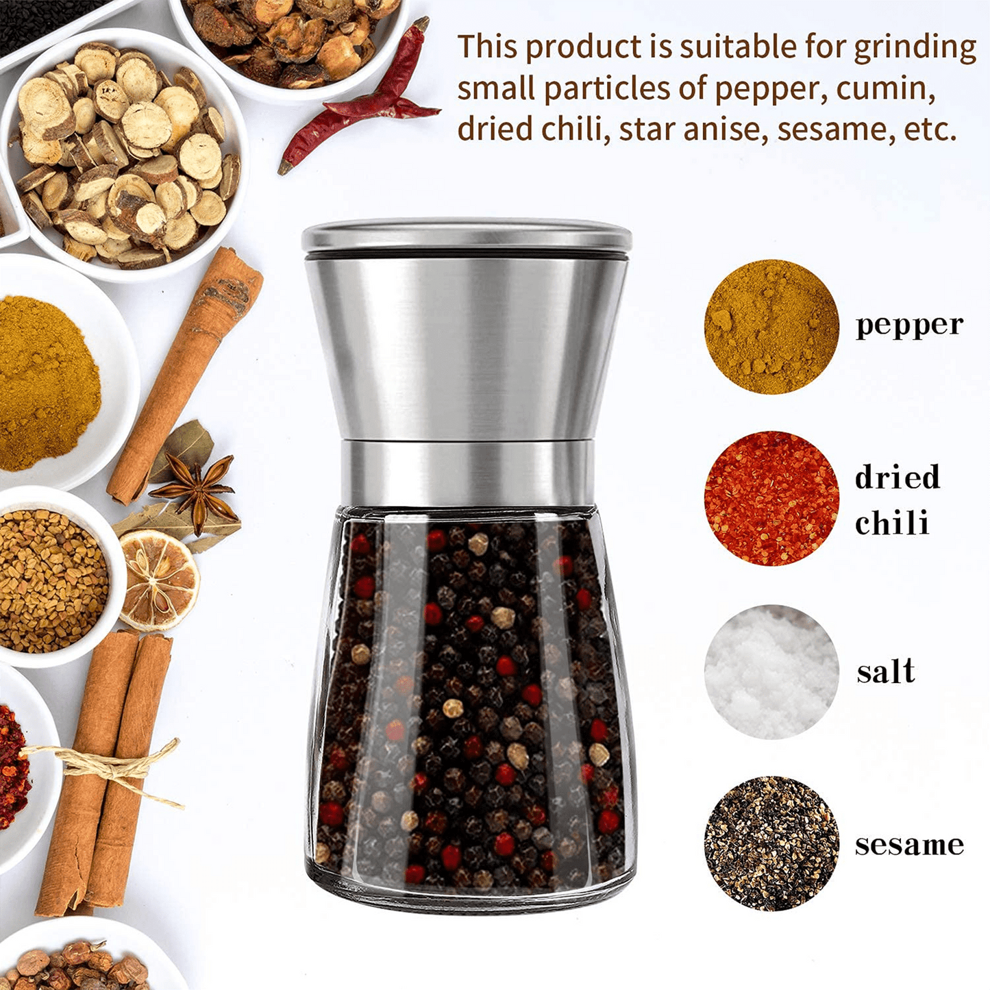 Fixdono Salt or Pepper Grinder, Manual Spice Mill, Refillable Pepper Mill Grinder, Stainless Steel, Adjustable Coarseness, 180ml/6oz, Perfect for Peppercorn, Salt or Spice