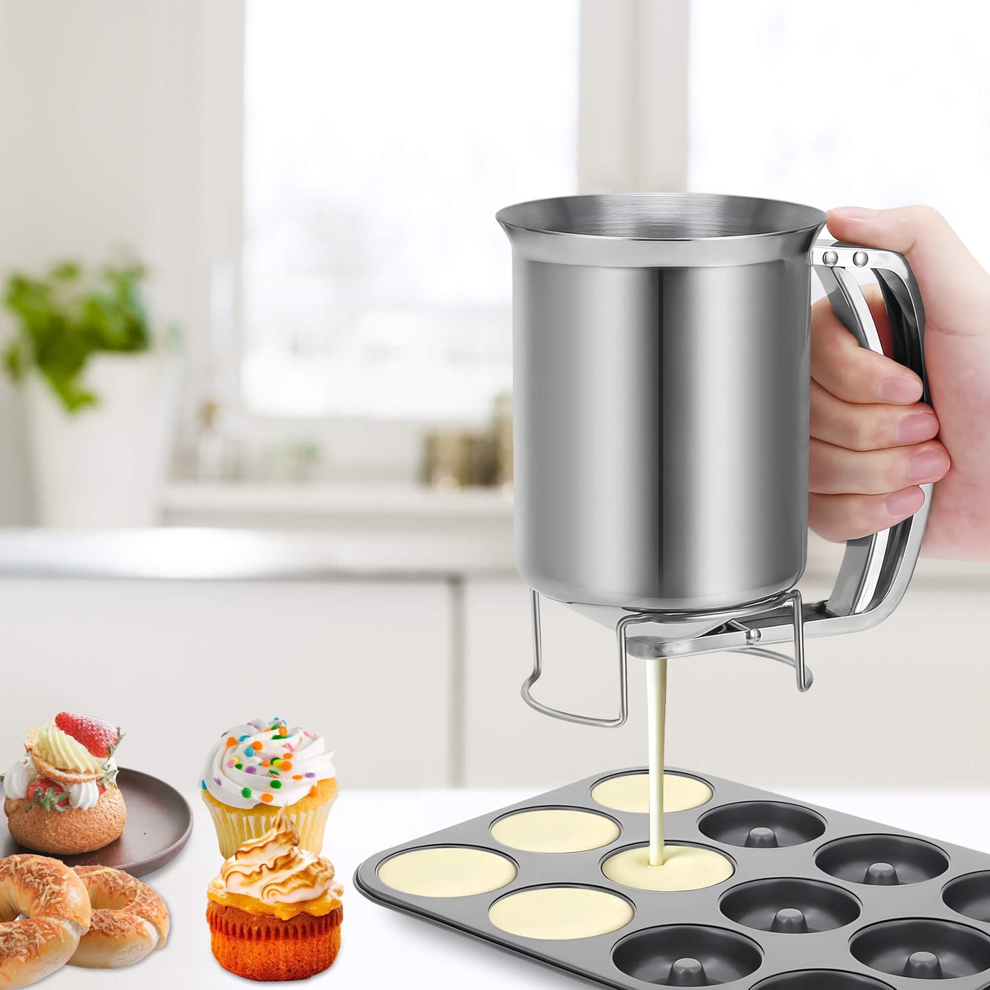 Fixdono Pancake Batter Dispenser, Stainless Steel Handheld Batter Dispenser for Baking, Cupcakes, Muffins, Crepes, Waffles, 800ML/27oz
