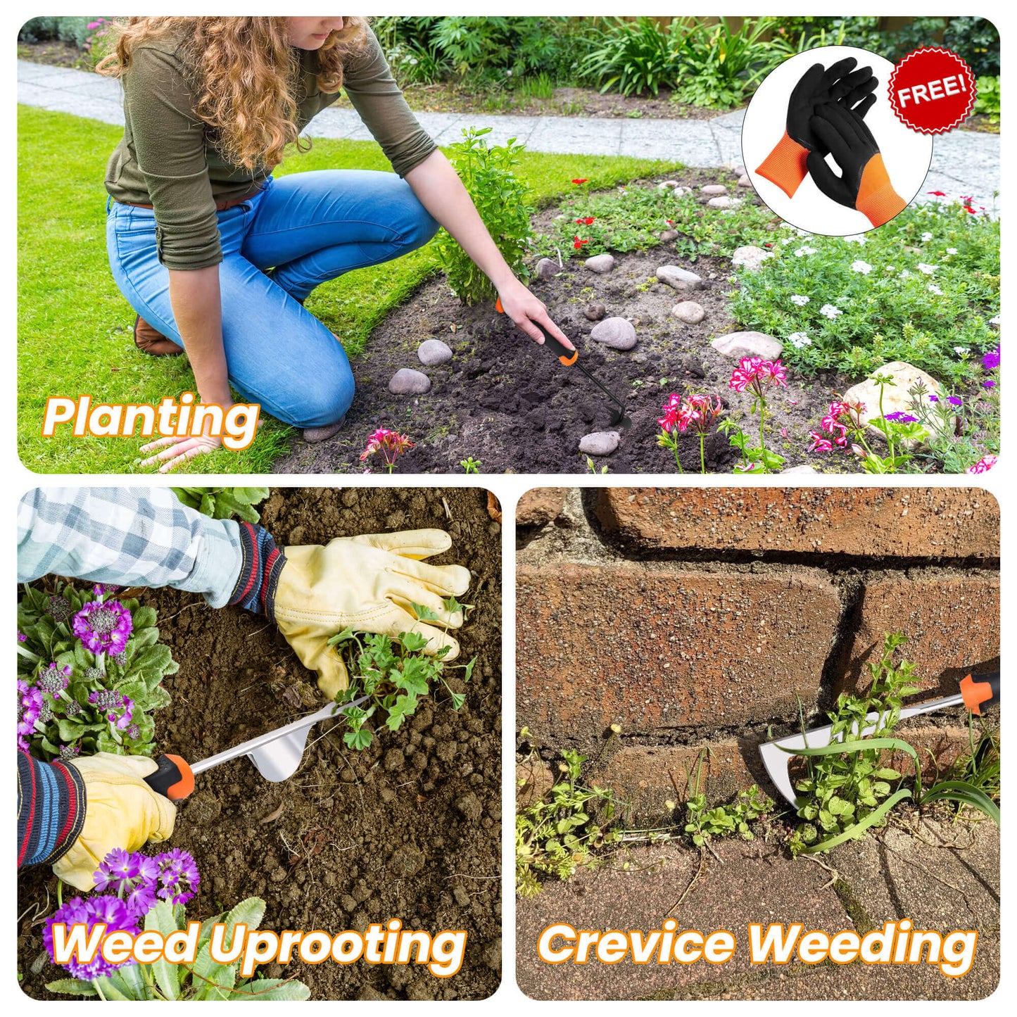 Fixdono Weed Puller Tool with Gloves, Weeder Hand Tool for Garden, Weeding Tool with 4 Claws, Weeder Garden Root Remover Tool for Garden, Gap or Corner Weeding, 3 Pack