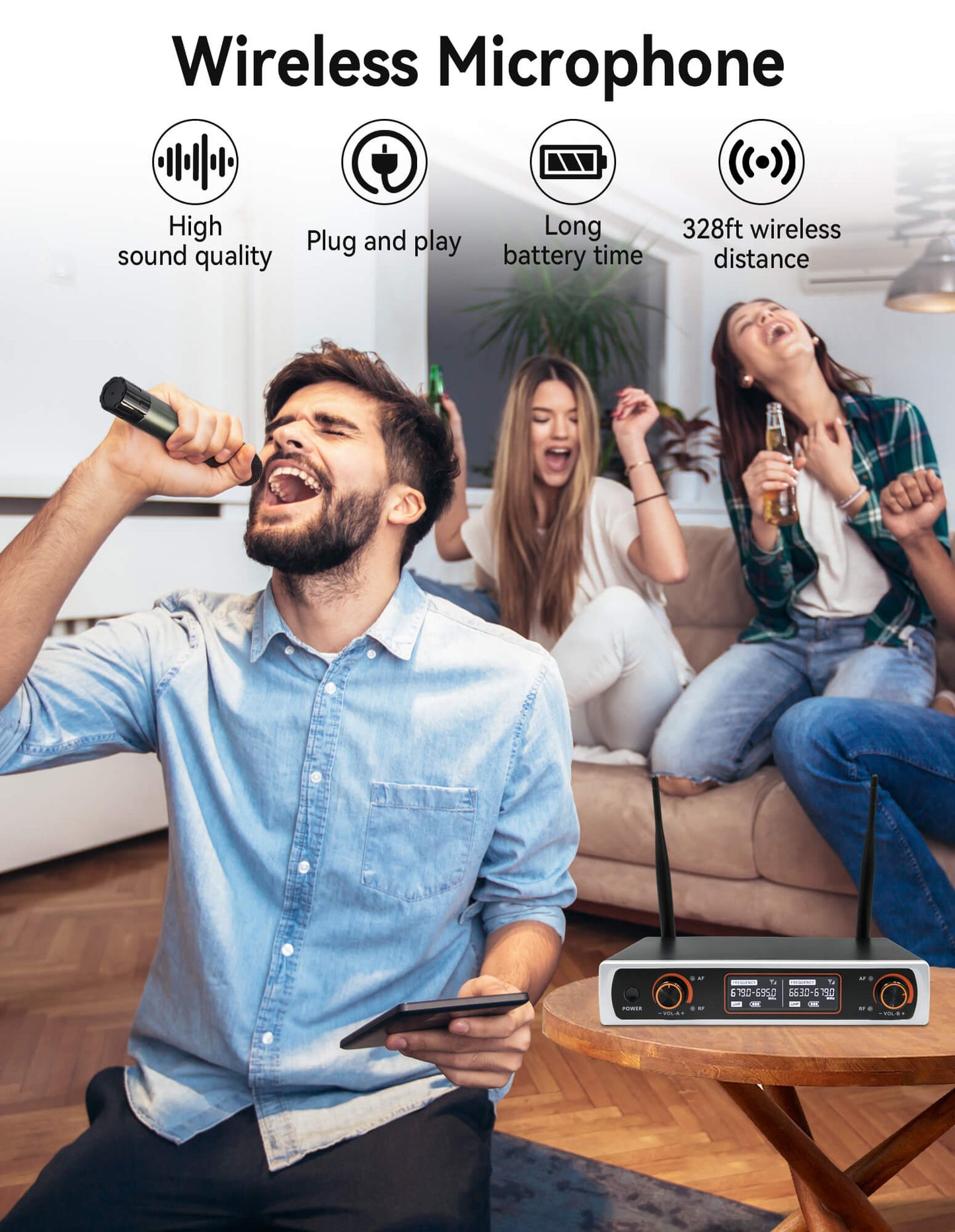 Fixdono Wireless Microphone System, Dual Handheld Cordless Dynamic Microphones for Singing Karaoke, Speaker, Conferences, Wedding, Church, 328 ft