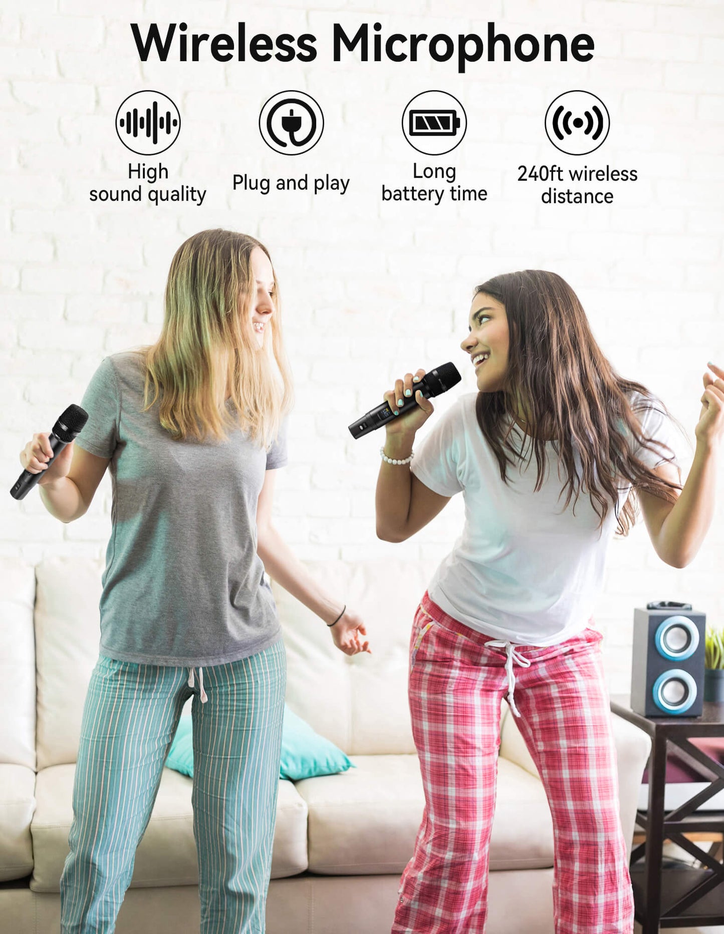 Fixdono Wireless Microphones, Metal Dynamic Microphone System with Rechargeable Receiver for Karaoke Singing, Wedding, DJ, Party, Speech, Church, Class, 240ft