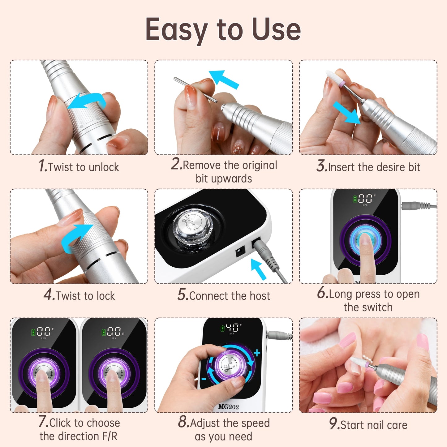 Sentryse Electric Nail Drill 40000RPM Professional Electric File Rechargeable Nail Drill Machine with LCD Display & Base & 7 Bits for Salon Manicures