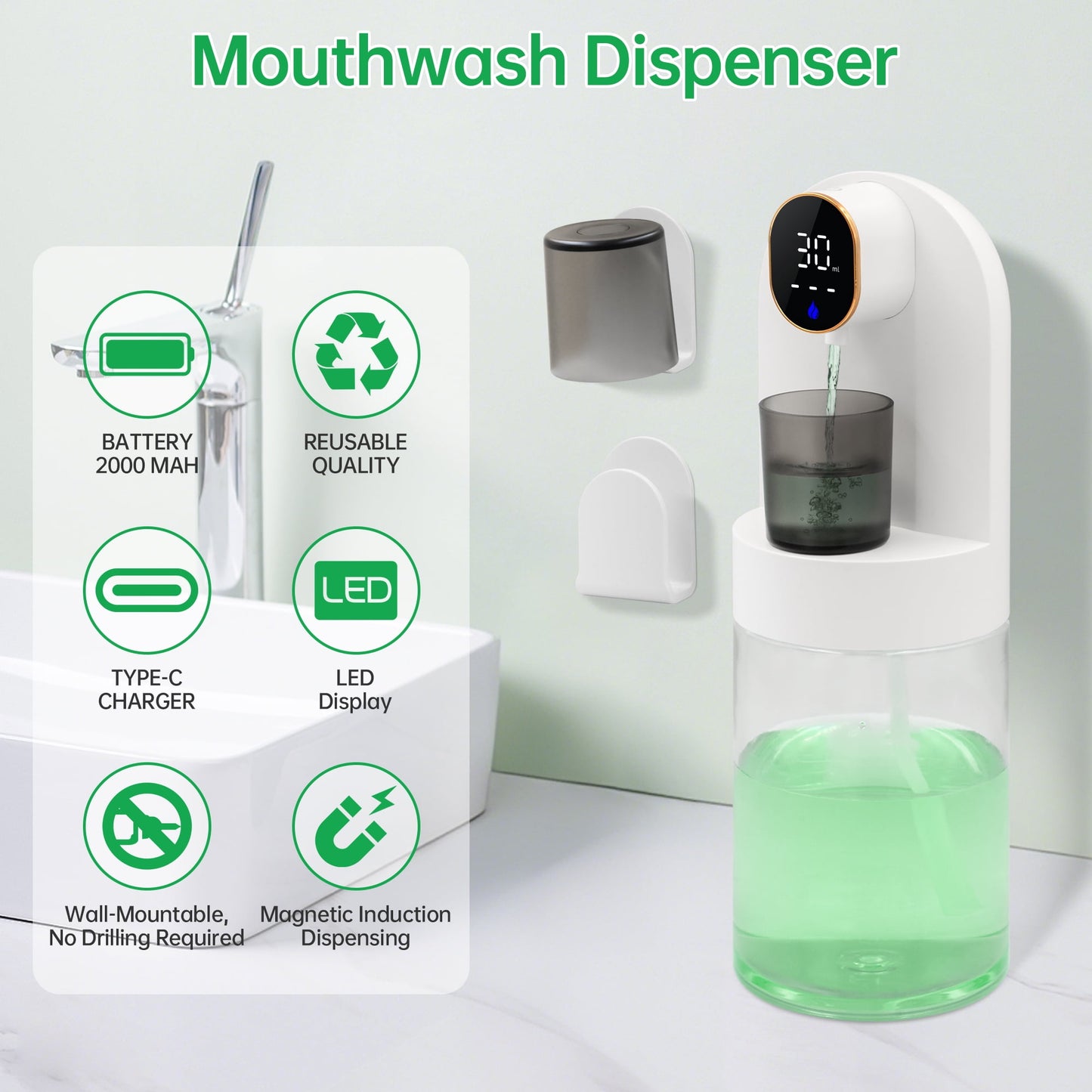 Automatic Mouthwash Dispenser for Bathroom, 20oz /600ml Rechargeable Electric Mouthwash Dispenser with Magnetic Cups, 180-Day Battery life, 4 Dispensing Levels, Wall Mounted & Countertop Use