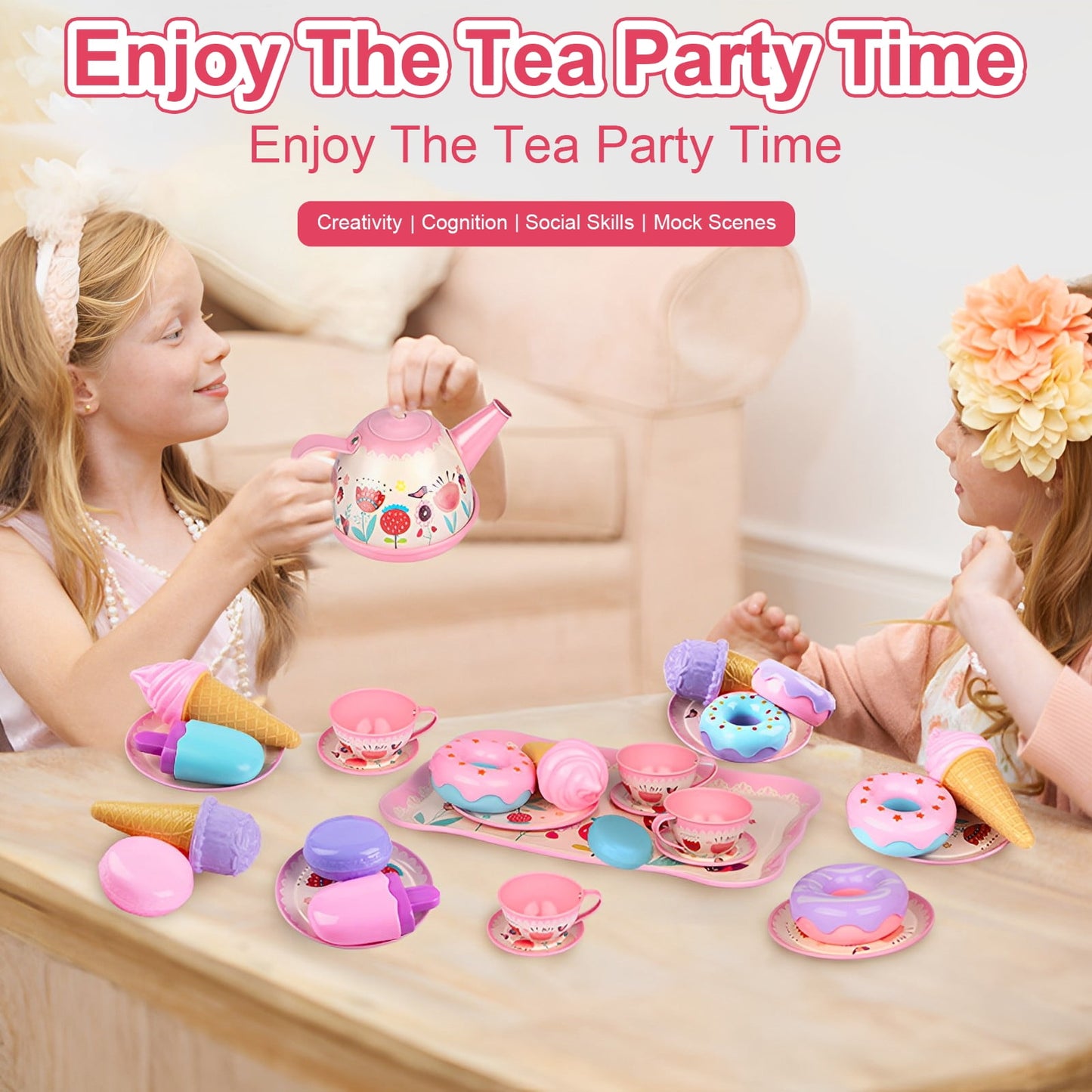 Tea Party Set for Girl, Tea Set for Little Girls, Kids Tea Sets Toys with Carry Case, Teapot, Cup, Mini Role Play Princess Tea Time Pretend Playset Gift for Toddlers Age 3+