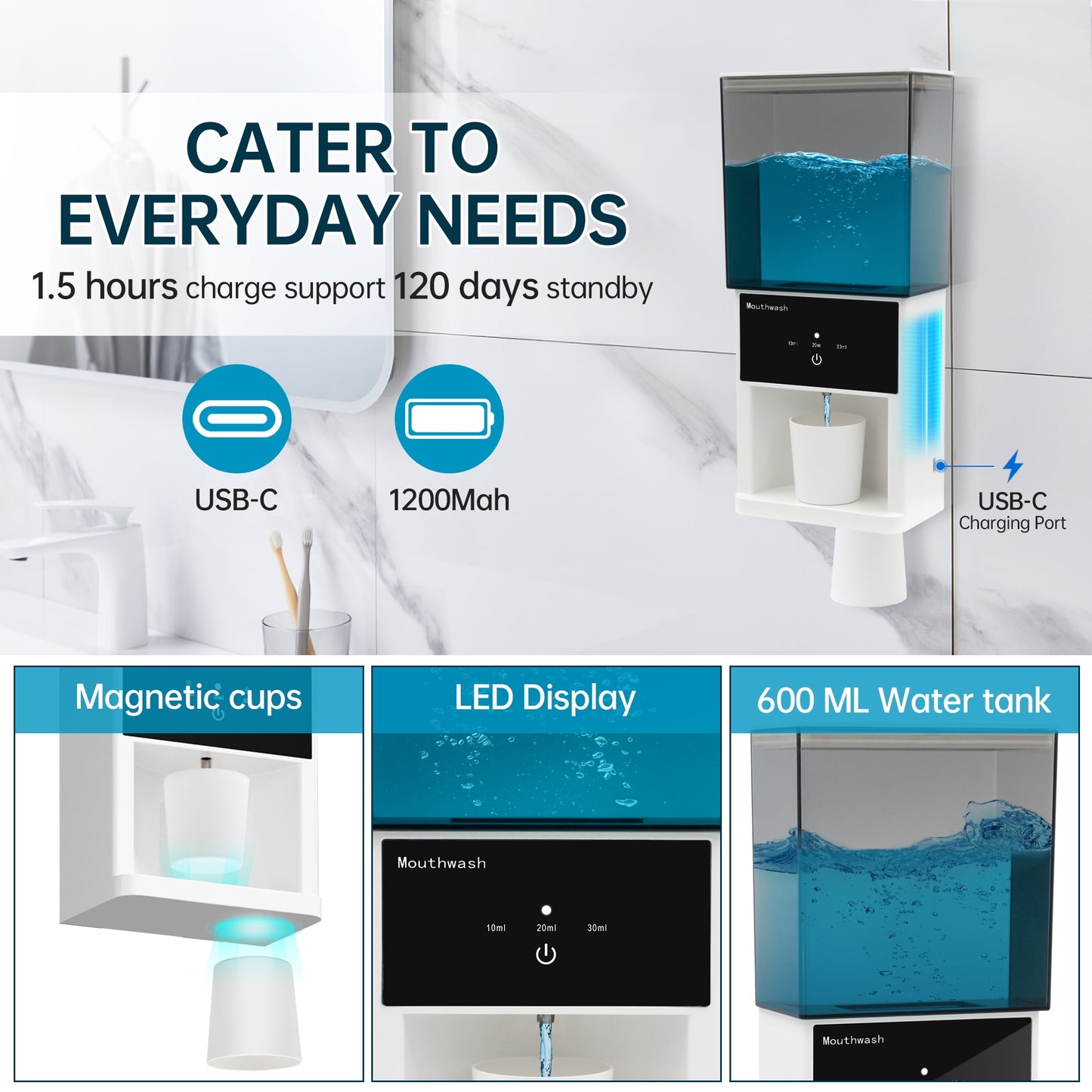1 pcs 20oz Automatic Mouthwash Dispenser, 3 Dispensing Levels, Sensor-Activated Electric Mouth Wash Dispensers for Bathroom, Smart Mouthwash Dispenser with 2 Magnetic Cups, Wall-Mounted£¦Countertop