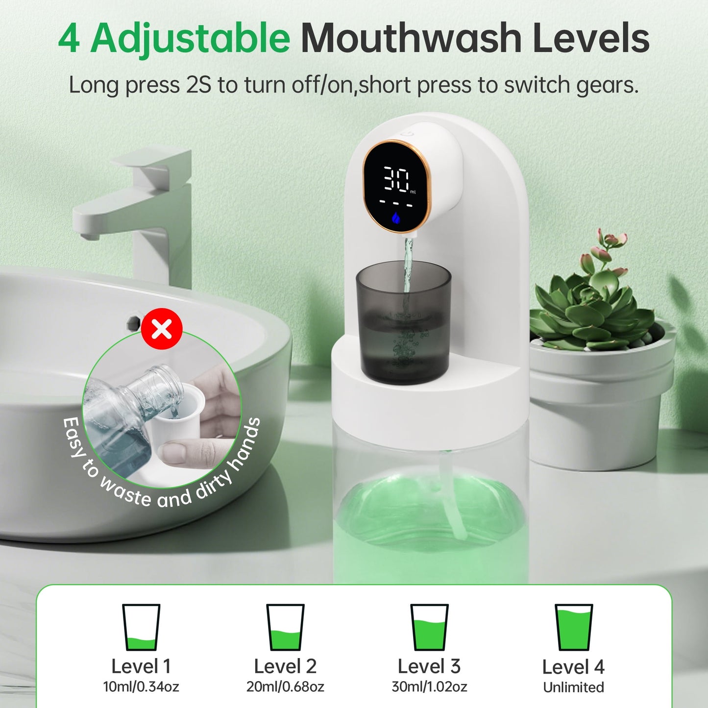 Automatic Mouthwash Dispenser for Bathroom, 20oz /600ml Rechargeable Electric Mouthwash Dispenser with Magnetic Cups, 180-Day Battery life, 4 Dispensing Levels, Wall Mounted & Countertop Use