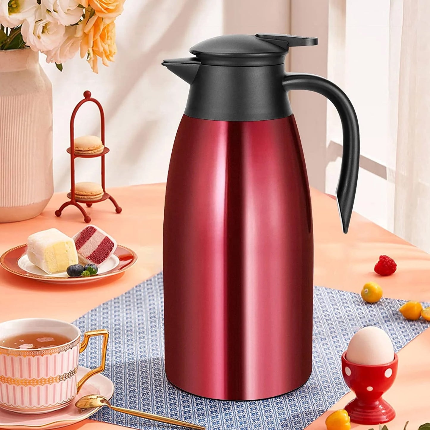 68oz Thermal Coffee Carafe, Stainless Steel Vacuum Insulated Coffee Thermos for Hot and Cold Beverage (Red)