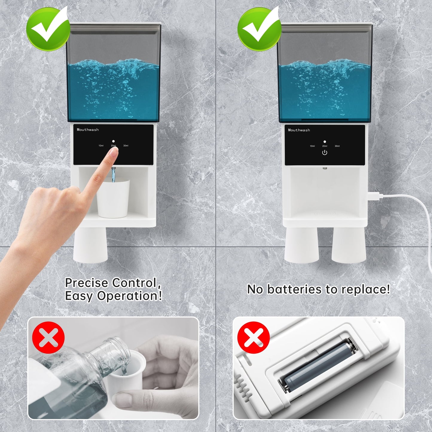 1 pcs 20oz Automatic Mouthwash Dispenser, 3 Dispensing Levels, Sensor-Activated Electric Mouth Wash Dispensers for Bathroom, Smart Mouthwash Dispenser with 2 Magnetic Cups, Wall-Mounted£¦Countertop