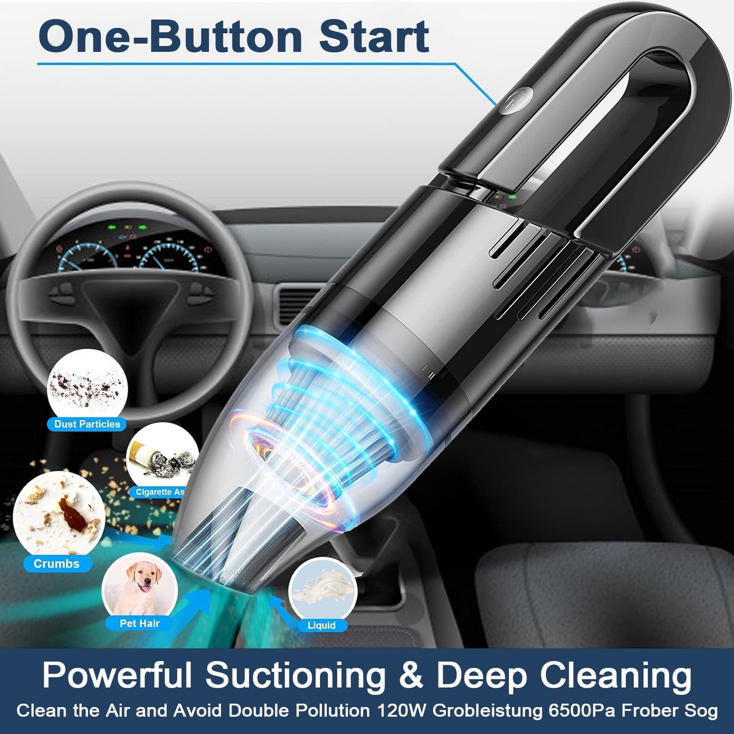 Fixdono Handheld Vacuum Cordless, 6000Pa Rechargeable Car Vacuum Cleaner Dust Buster with Multi-Nozzles for Automotive, Keyboard, Office