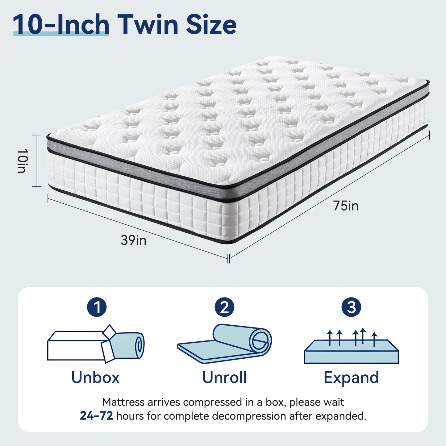 Hillnova 10" Twin Mattress, Euro Top Foam & Pocket Spring Hybrid Mattress in a Box, Plush Comfort, Pressure Relief and Motion Isolation