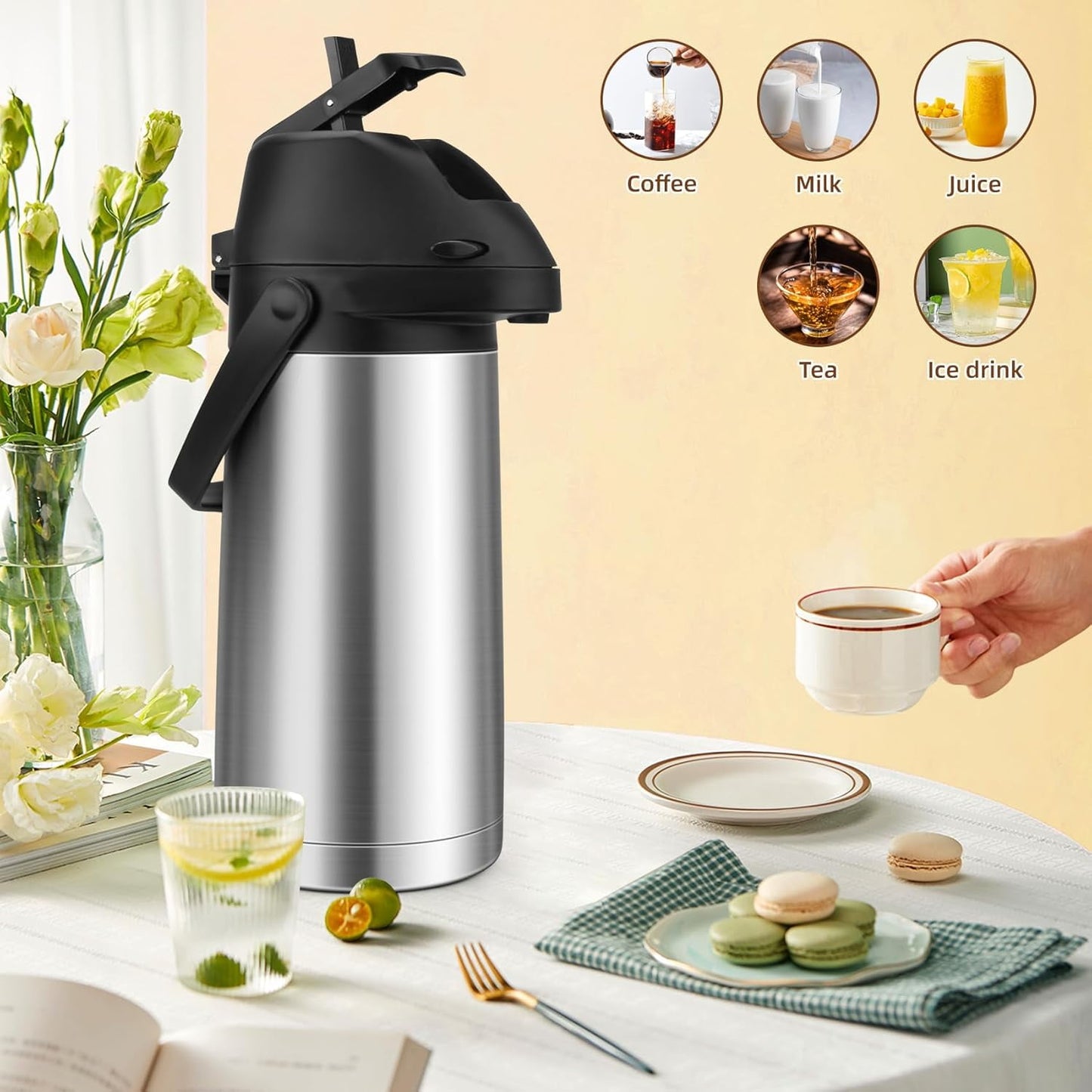 Tidymend 65oz Thermal Airpot Carafe with Pump, Stainless Steel Vacuum Insulated Coffee Dispenser for Hot and Cold Beverage (Silver)