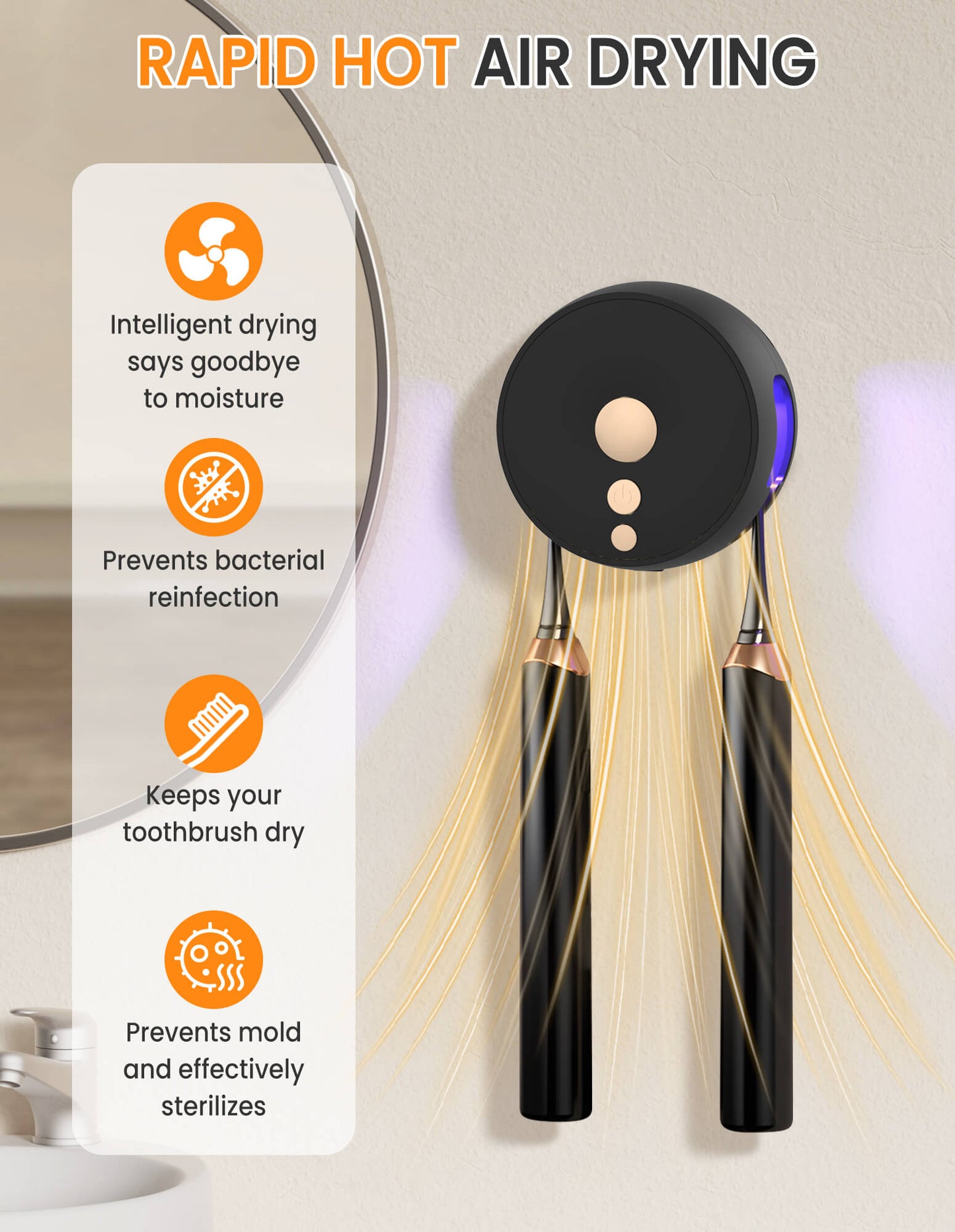Sentryse Toothbrush Holder, Electric UV Toothbrush Cleaner, 2 Cups Tooth Brush Holder Wall Mounted Bathroom Decor, Black