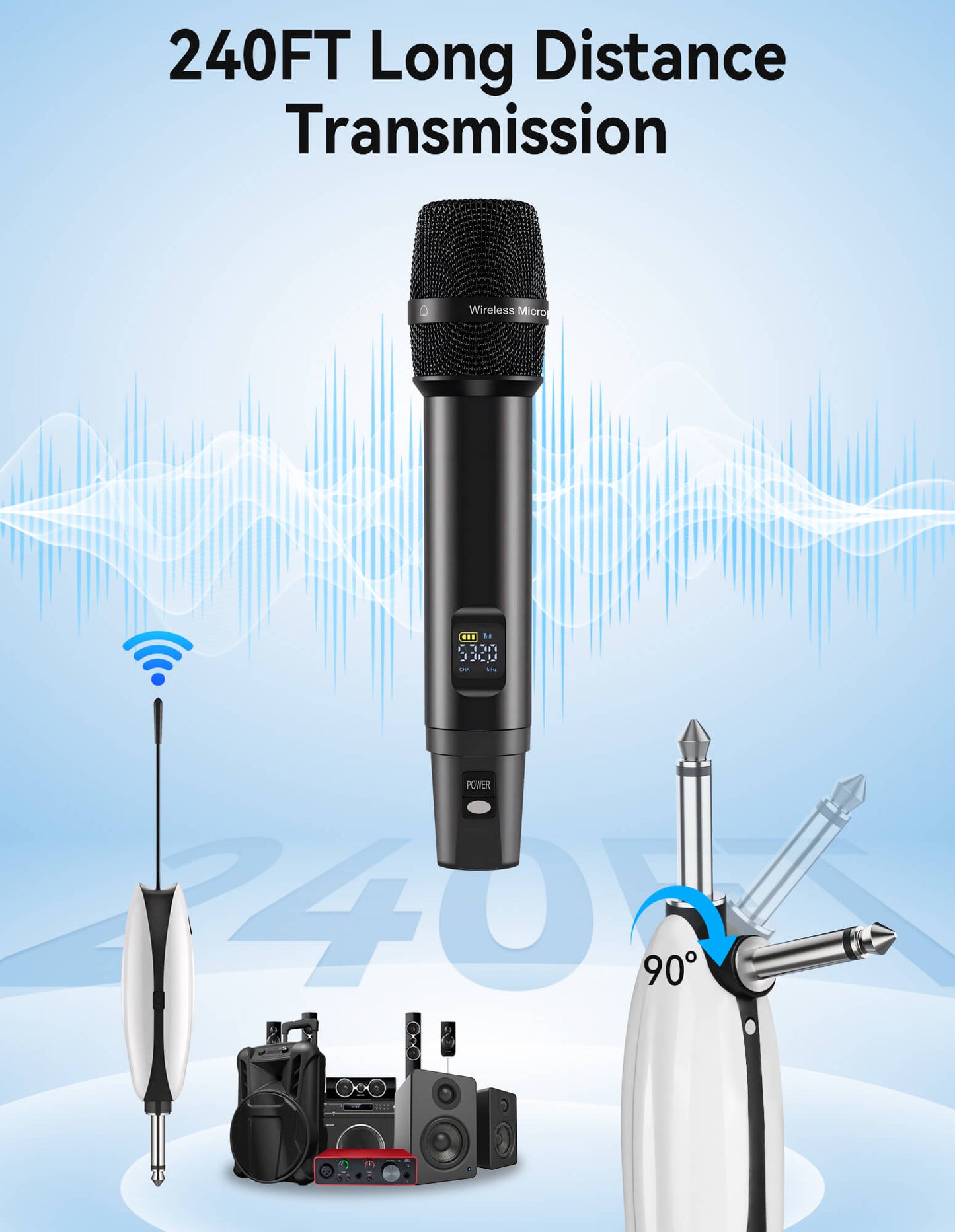 Fixdono Wireless Microphones, Metal Dynamic Microphone System with Rechargeable Receiver for Karaoke Singing, Wedding, DJ, Party, Speech, Church, Class, 240ft