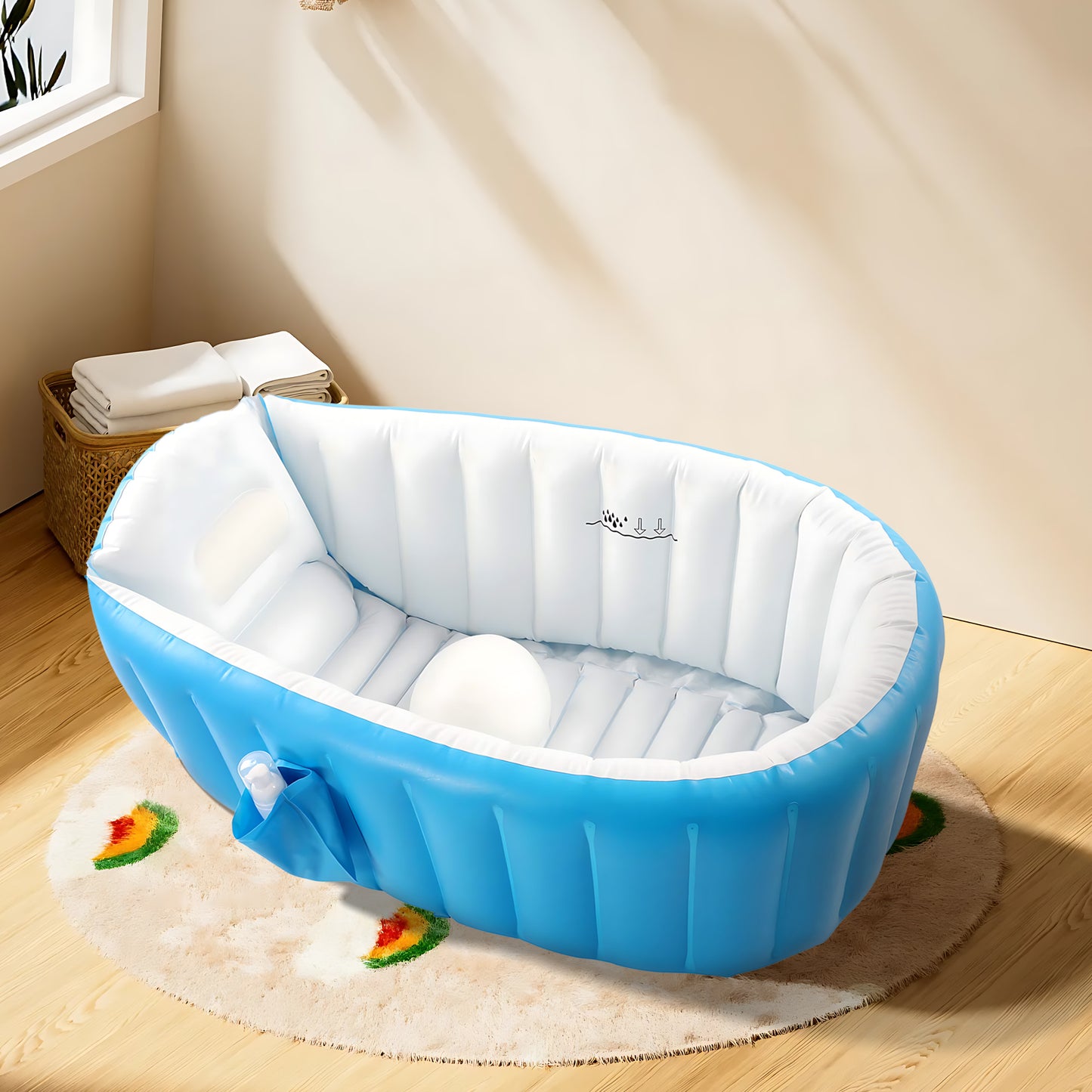 Inflatable Baby Bathtub, Portable Infant Toddler Bathing Tub, Non Slip Travel Bathtub Mini Air Swimming Pool, Foldable Shower Basin for Newborn, Blue