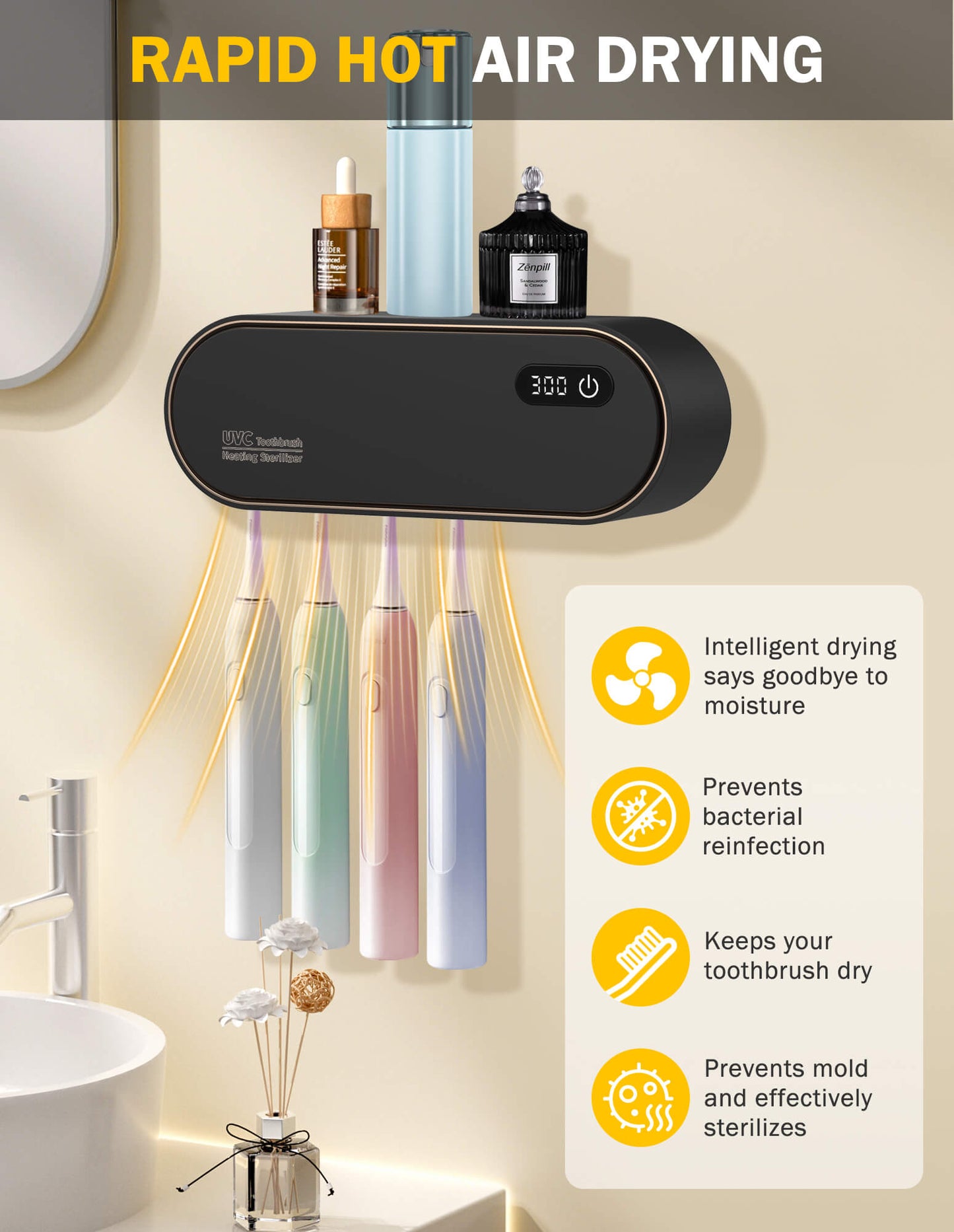 Sentryse Toothbrush Holders for Bathrooms, Rechargeable UV Toothbrush Sanitizer Holder, Wall Mounted 4 Slot, 1 Pack