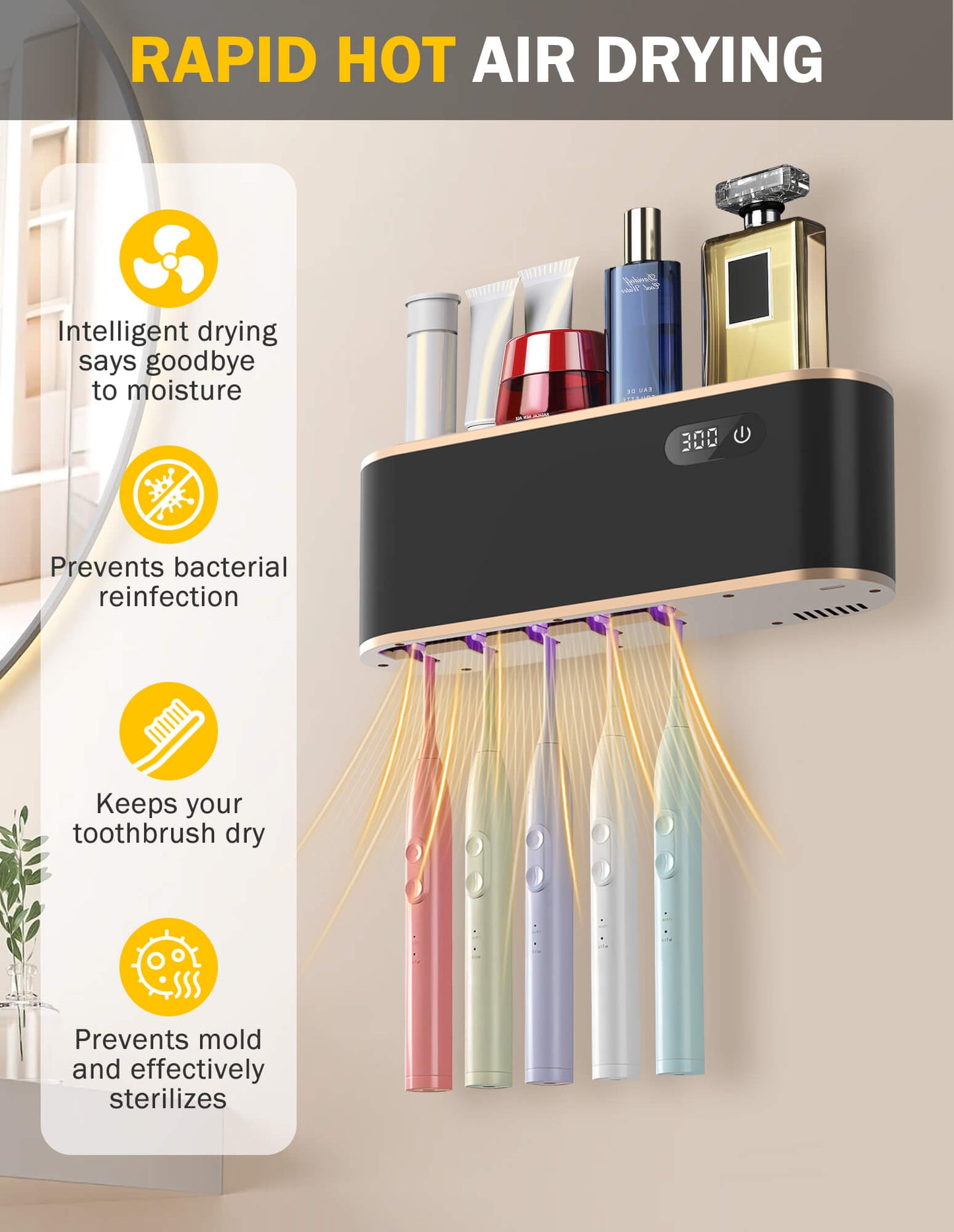 Sentryse Toothbrush Holders, UV Toothbrush Sanitizer and Holder, 5 Cups Electric Tooth Brush Holder Wall Mounted, Black