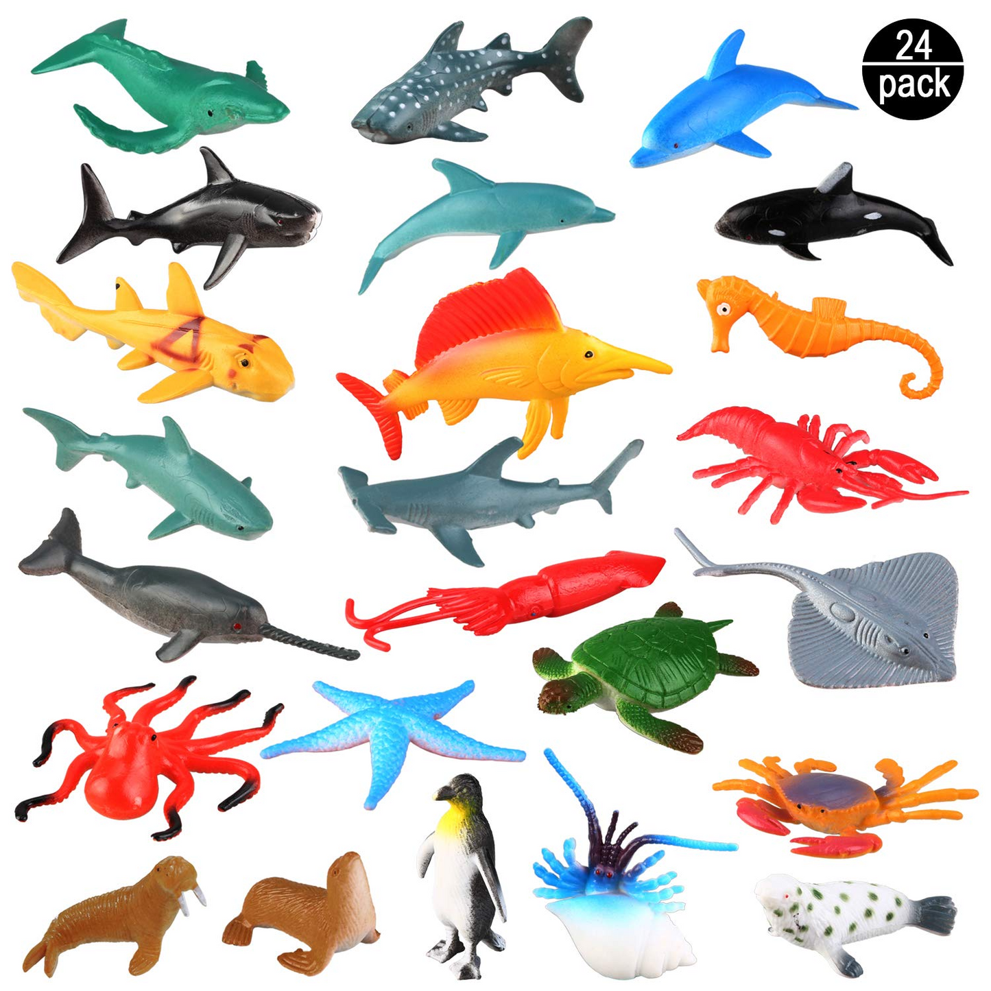 24 Pack Plastic Sea Ocean Animals Figure Sea Creatures Model Toys Set, Baby Bath Toys, Birthday Toys for Kids with Turtle Octopus Shark