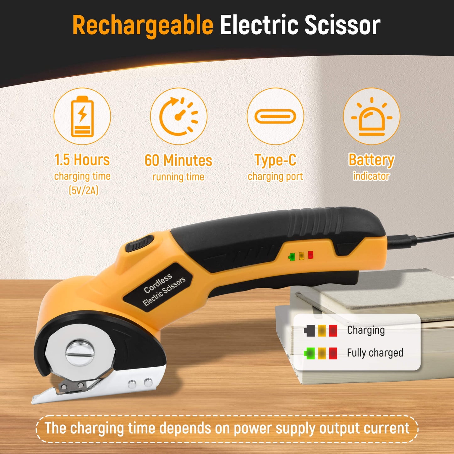 Tidymend Cordless Electric Scissors, 4V Rechargeable Cardboard Cutter with LED Light & Replacement Blade, Rotary Cutter with Safety Lock for Fabric Carpet Leather Plastic Cutting (Yellow)