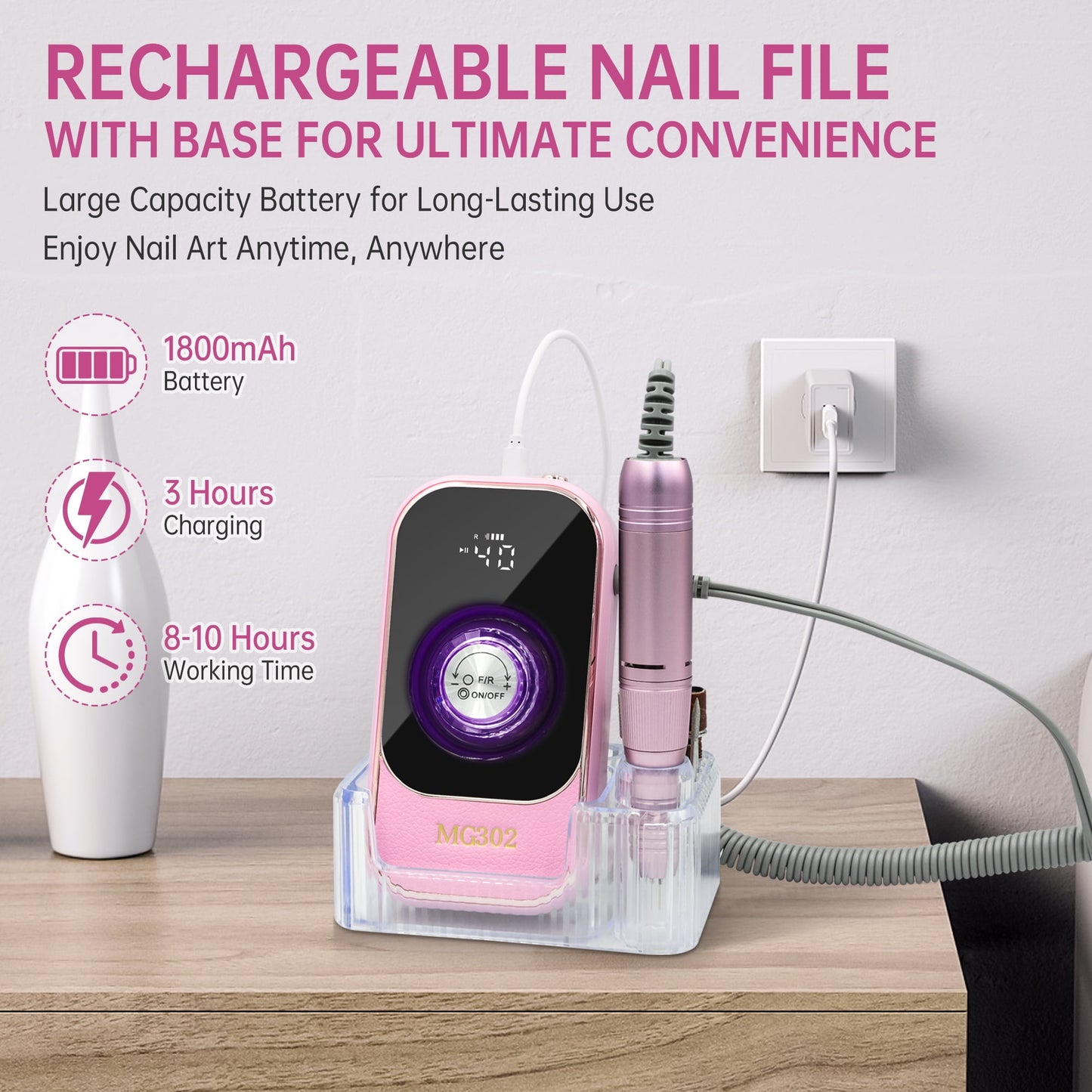 Sentryse Electric Nail Drill Machine 45000RPM Professional Rechargeable Nail File with LCD Display & Base & 7 Bits, Nail Drill Kit for Manicure, Pedicure, Acrylic Nails Gel Polishing, Pink