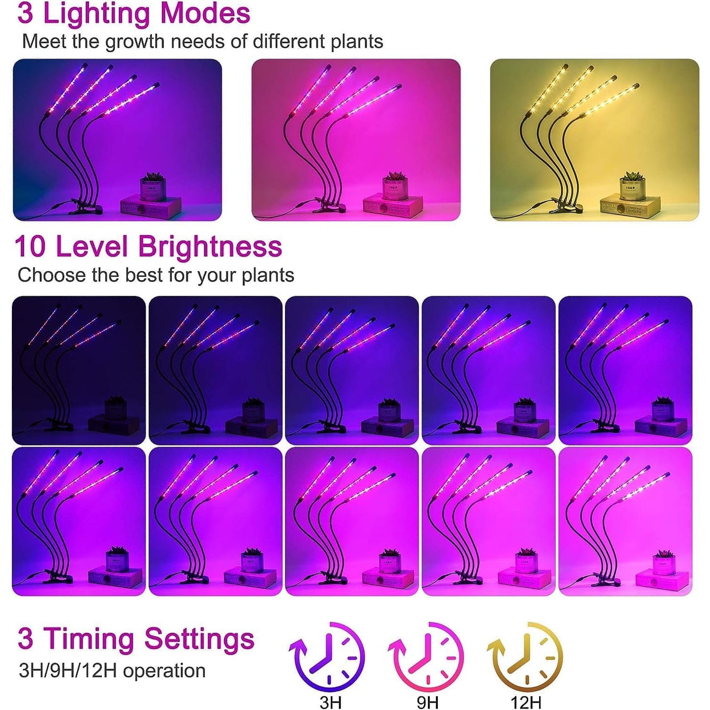 Fterwk Grow Lights for Indoor Plants, Four Head 80 LED Grow Light with Full Spectrum, Adjustable Gooseneck, Auto on off Timing 4 8 12Hrs