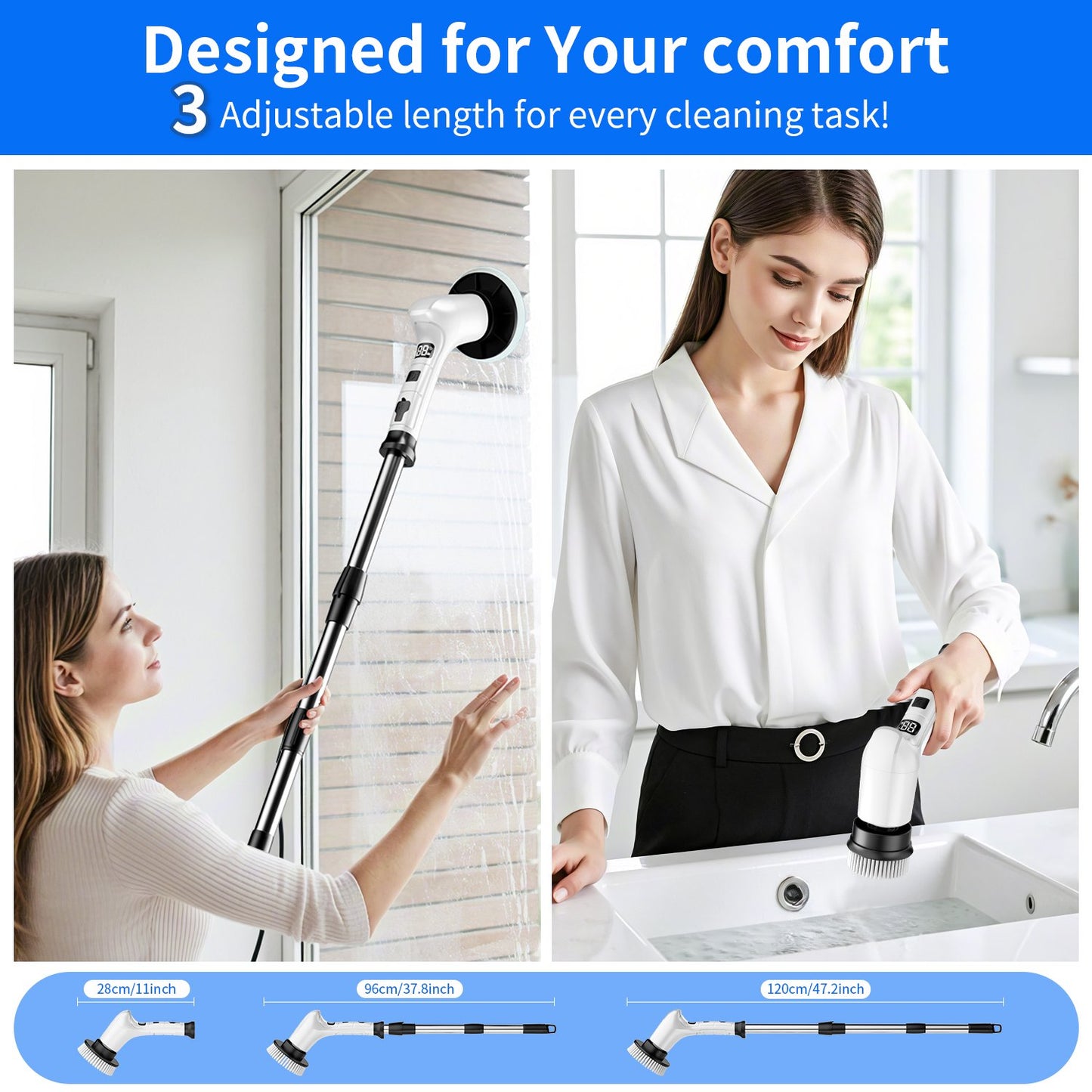 Lightweight Electric Spin Scrubber, Adjustable Handle, 3 Speed Mode Power Electric Scrubber for Cleaning, Cordless Shower Cleaning Brush with 8 Brush Heads for Bathroom, Tub, Floor, Tile (White)