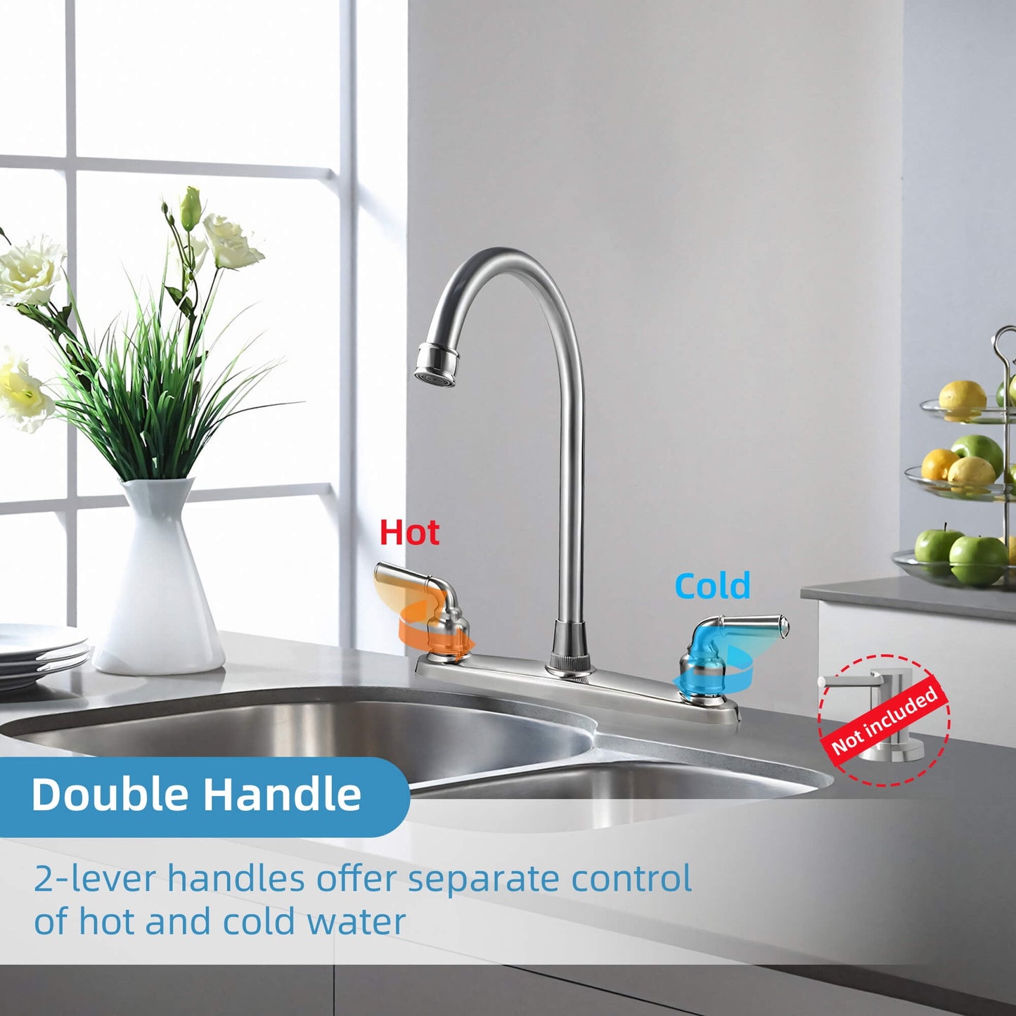Fixdono 2 Handle Kitchen Sink Faucet, High Arc 360 Swivel Stainless Steel Pipe 3 Hole Kitchen Faucet for RV Laundry Farmhouse Bar Sink, Silver