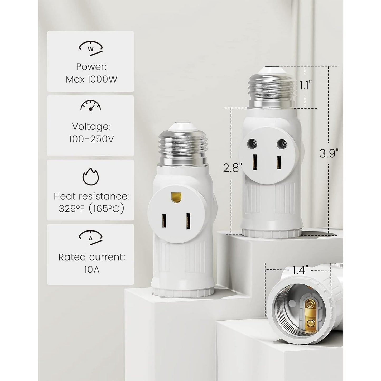 Fixdono 3 Prong E26 Light Socket to Plug Adapter, Heat Resistant Light Socket 2/3 Prong Outlet Light Bulb Plug Splitter Converter for Garage Porch, 2 Pack