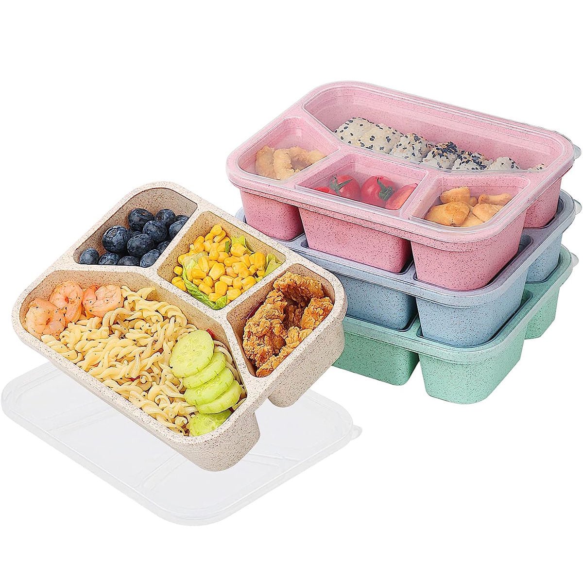 Bento Lunch Boxes, 4-Pack 4 Compartment Wheat Straw Meal Prep Food Storage Containers Plastic,Microwave Dishwasher Safe