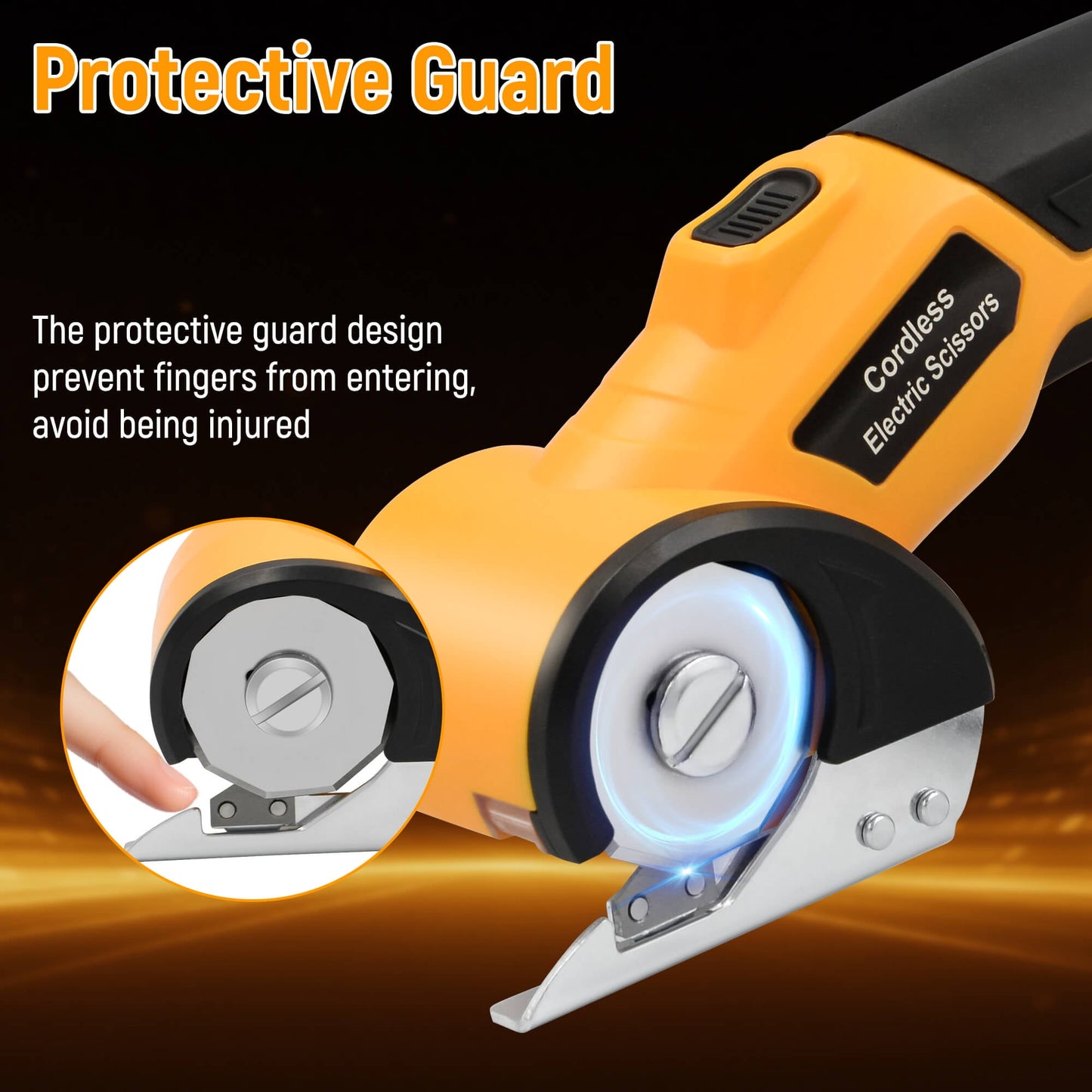 Tidymend Cordless Electric Scissors, 4V Rechargeable Cardboard Cutter with LED Light & Replacement Blade, Rotary Cutter with Safety Lock for Fabric Carpet Leather Plastic Cutting (Yellow)