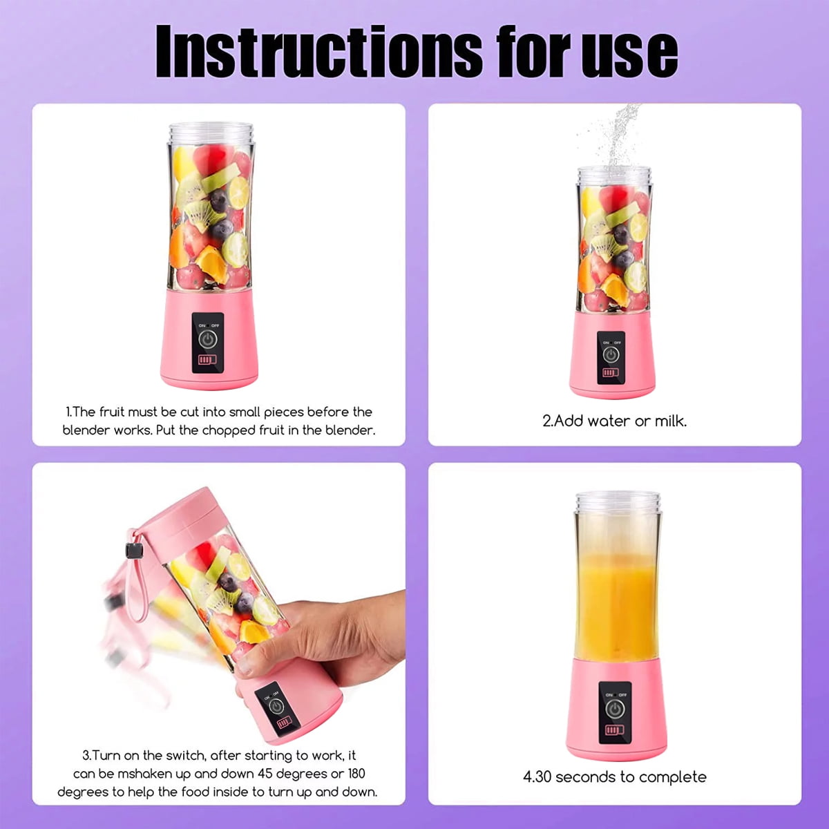 1 Pcs Portable Blender Travel Juicer Smoothie Juicer Cup - four Blades in 3D, Fruit Mixing Machine with 2000mAh USB Rechargeable Batteries