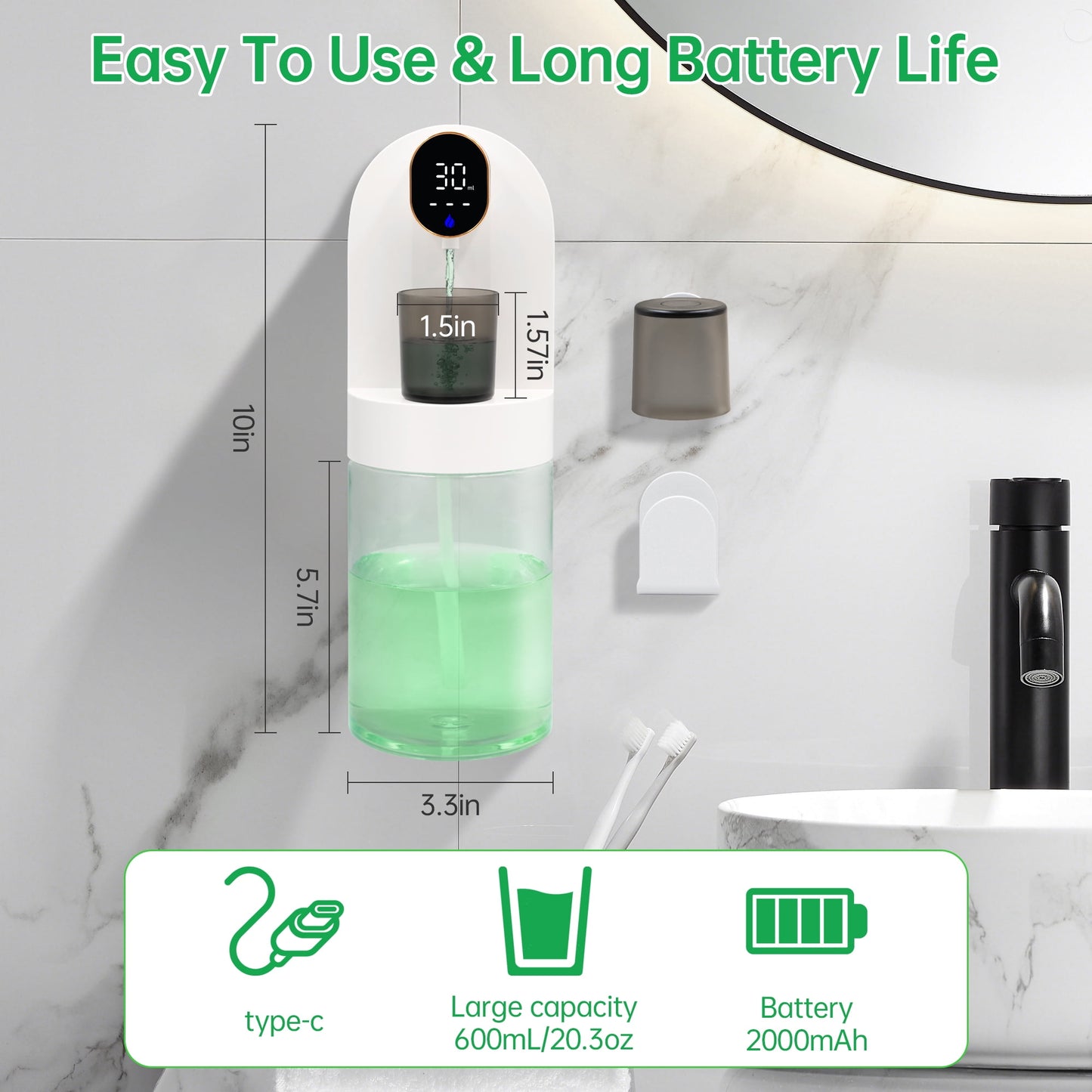 Automatic Mouthwash Dispenser for Bathroom, 20oz /600ml Rechargeable Electric Mouthwash Dispenser with Magnetic Cups, 180-Day Battery life, 4 Dispensing Levels, Wall Mounted & Countertop Use