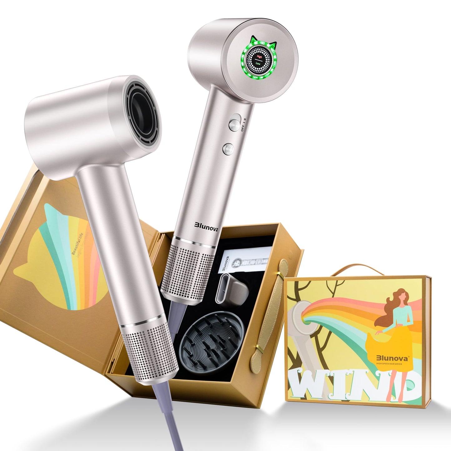 Blunova Hair Dryer, High-Speed Ionic Blow Dryer, Lightweight Hairdryer with Diffuser, Gift Set for Women