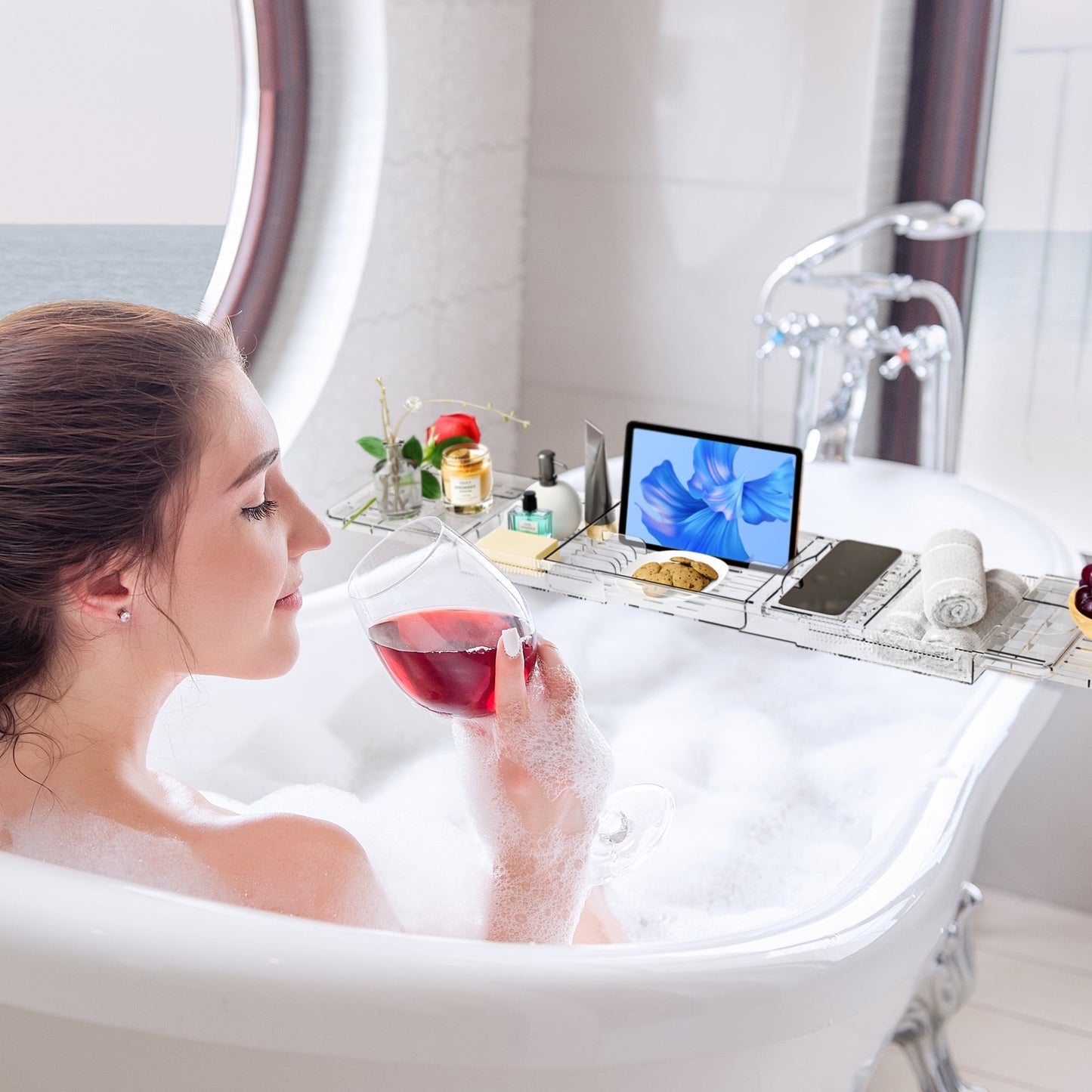 Bathtub Caddy Tray, Adjustable Bath Tray for Tub, Clear Tub Caddy Tray with Tablet PC Holder & Wine Glass Holder, Tub Caddy for Bathroom Luxury Spa, Fits Most Tubs