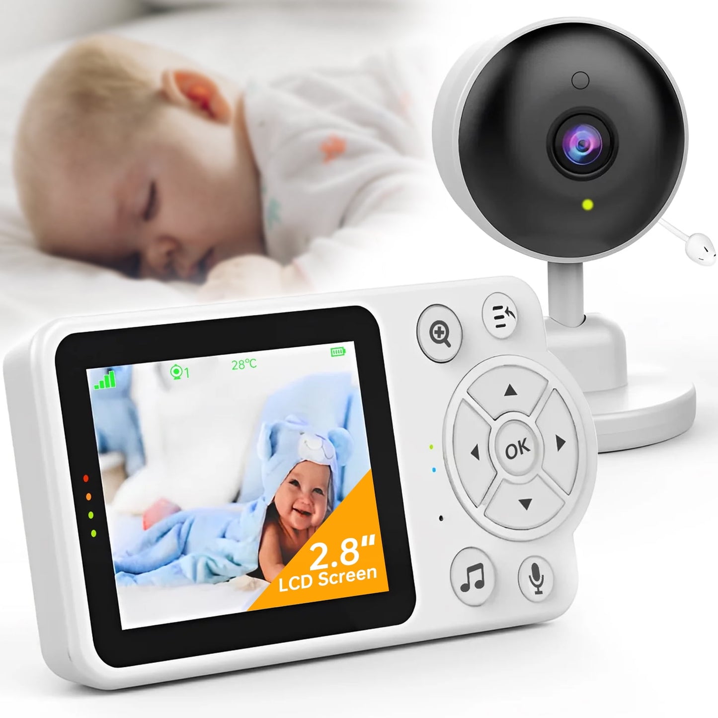Baby Monitor with Camera and Audio, Video Baby Monitor, Night Vision, 2-Way Talk, 480P