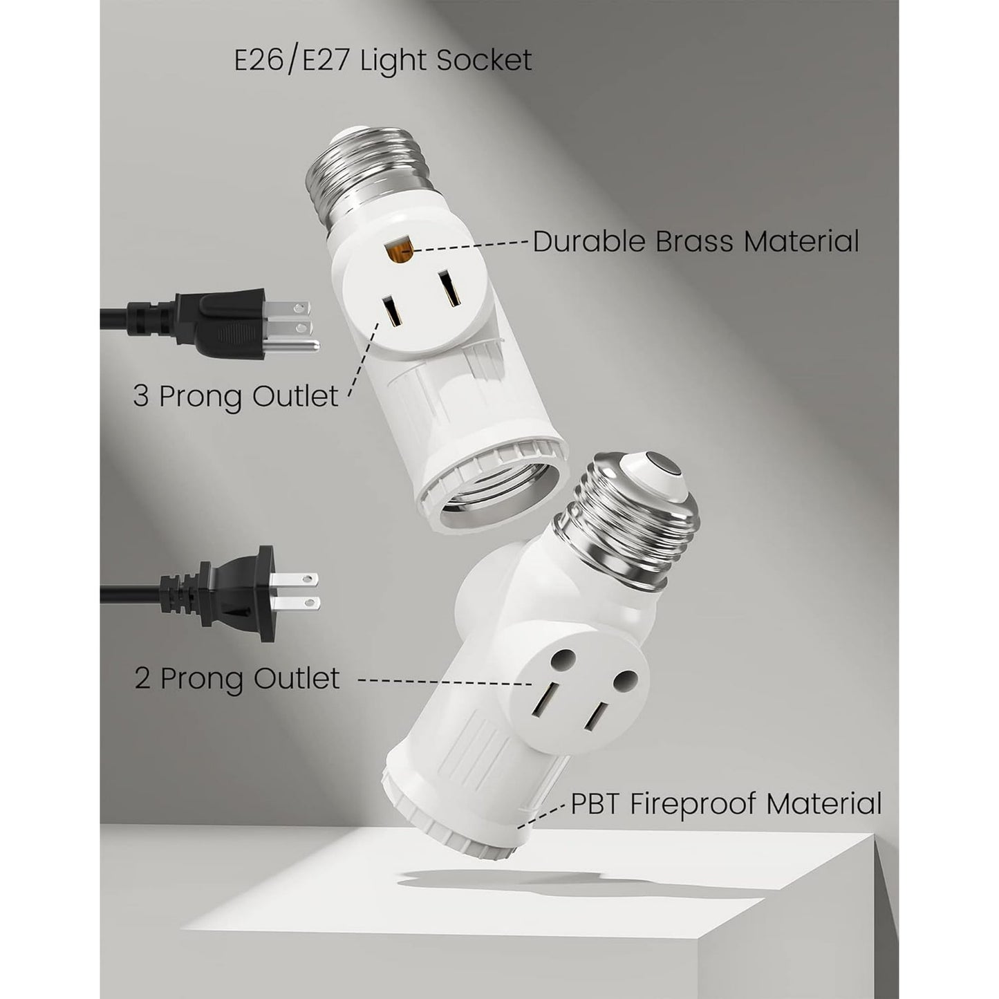 Fixdono 3 Prong E26 Light Socket to Plug Adapter, Heat Resistant Light Socket 2/3 Prong Outlet Light Bulb Plug Splitter Converter for Garage Porch, 2 Pack