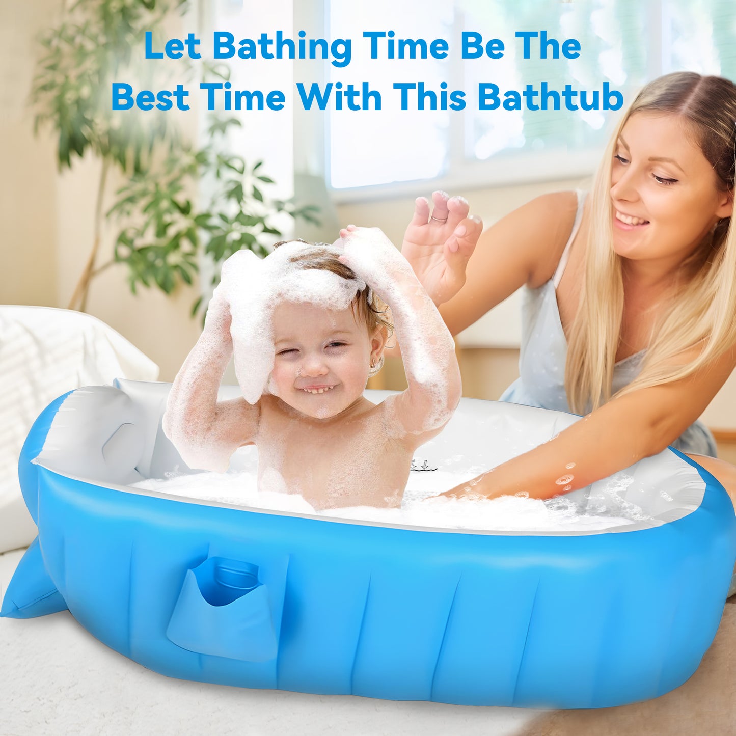 Inflatable Baby Bathtub, Portable Infant Toddler Bathing Tub, Non Slip Travel Bathtub Mini Air Swimming Pool, Foldable Shower Basin for Newborn, Blue