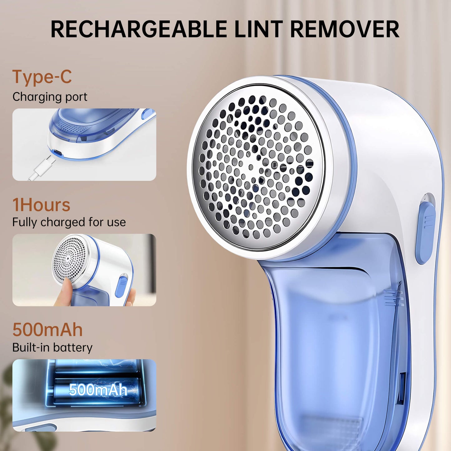 Fixdono Fabric Shaver, Lint Remover Rechargeable, Electric Portable Sweater Defuzzer with 2 Spare Blades, Blue