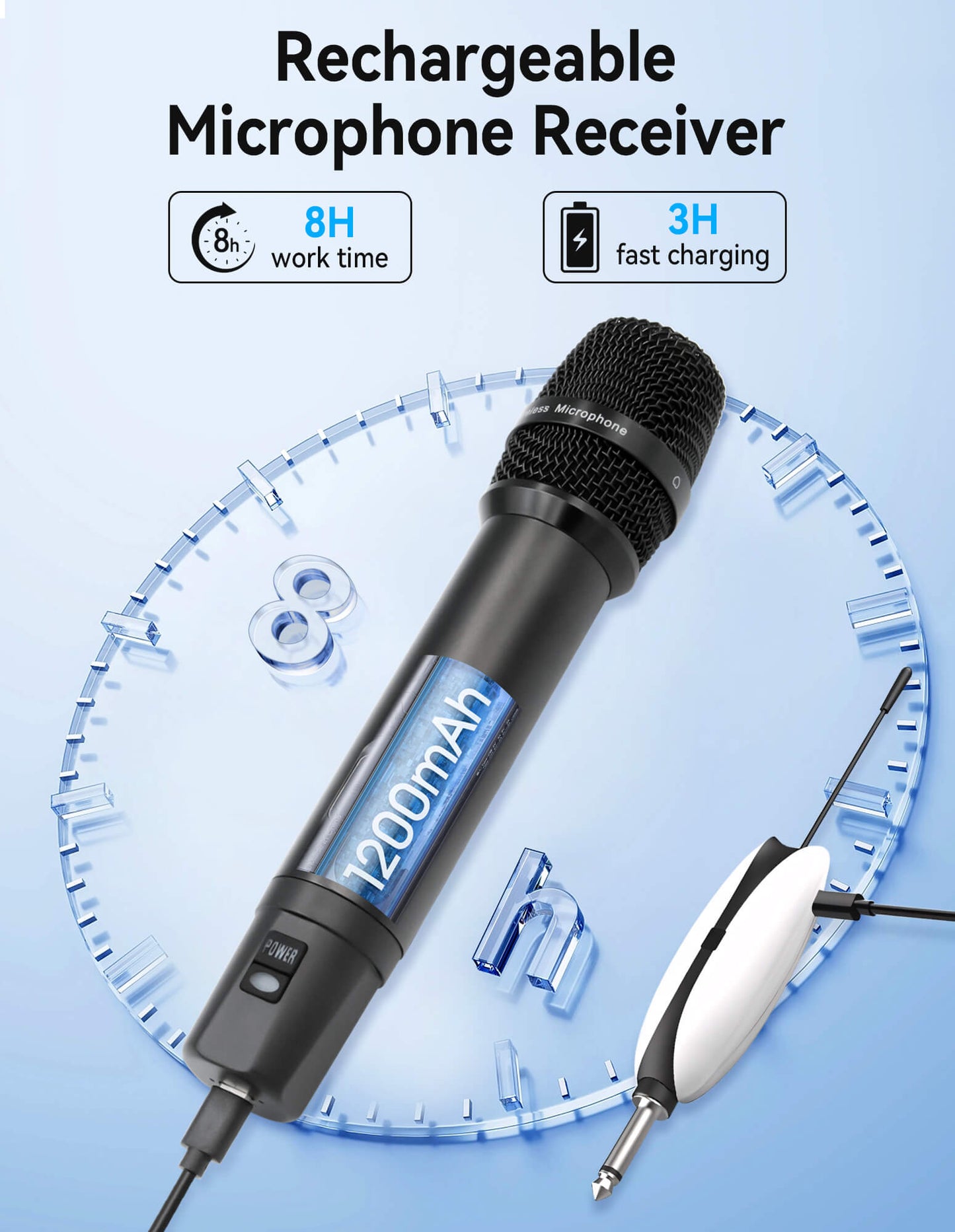 Fixdono Wireless Microphones, Metal Dynamic Microphone System with Rechargeable Receiver for Karaoke Singing, Wedding, DJ, Party, Speech, Church, Class, 240ft