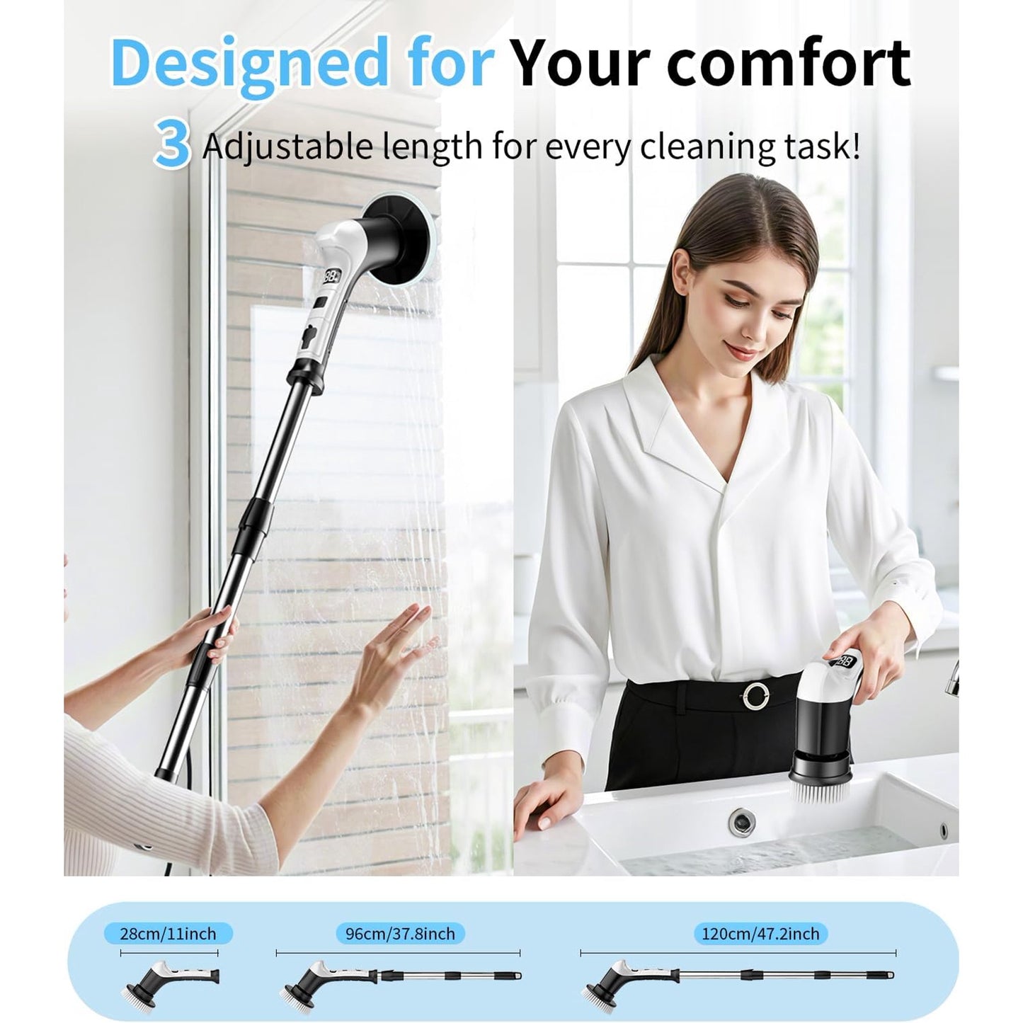 Lightweight Electric Spin Scrubber, Adjustable Handle, 3 Speed Mode Power Electric Scrubber for Cleaning, Cordless Shower Cleaning Brush with 8 Brush Heads for Bathroom,Tub,Floor,Tile(Black-White)