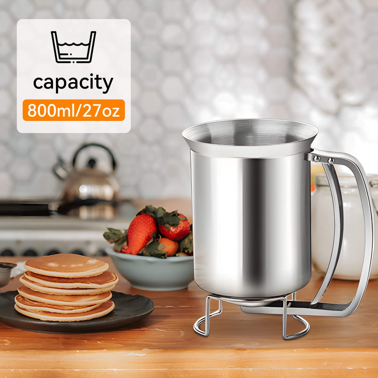 Fixdono Pancake Batter Dispenser, Stainless Steel Handheld Batter Dispenser for Baking, Cupcakes, Muffins, Crepes, Waffles, 800ML/27oz