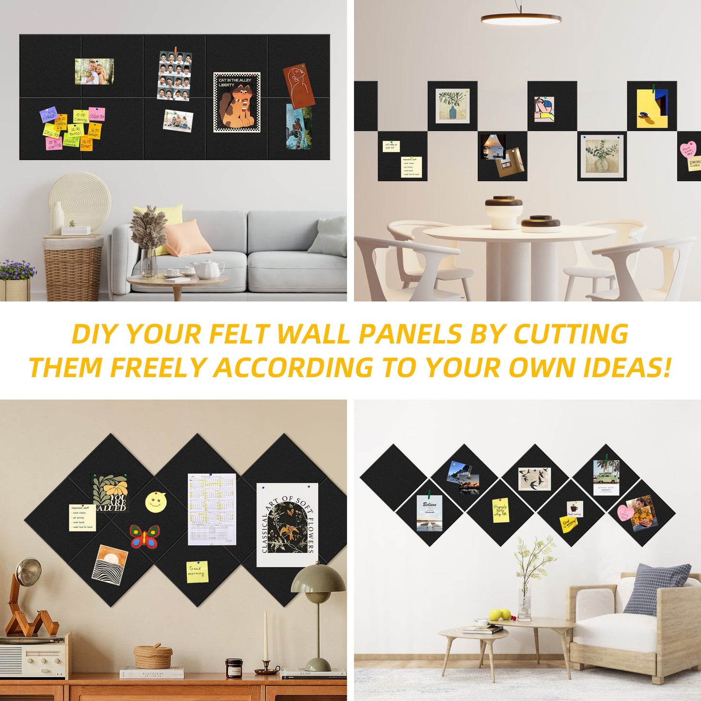 Reichtum Felt Tile Bulletin Board, 16 Pack Felt Wall Tiles with 100 Push Pins,10 Push Pin Clips, Sticky Notes, Large Alternative Cork Board for Walls Home Office, 47 X 47 inches