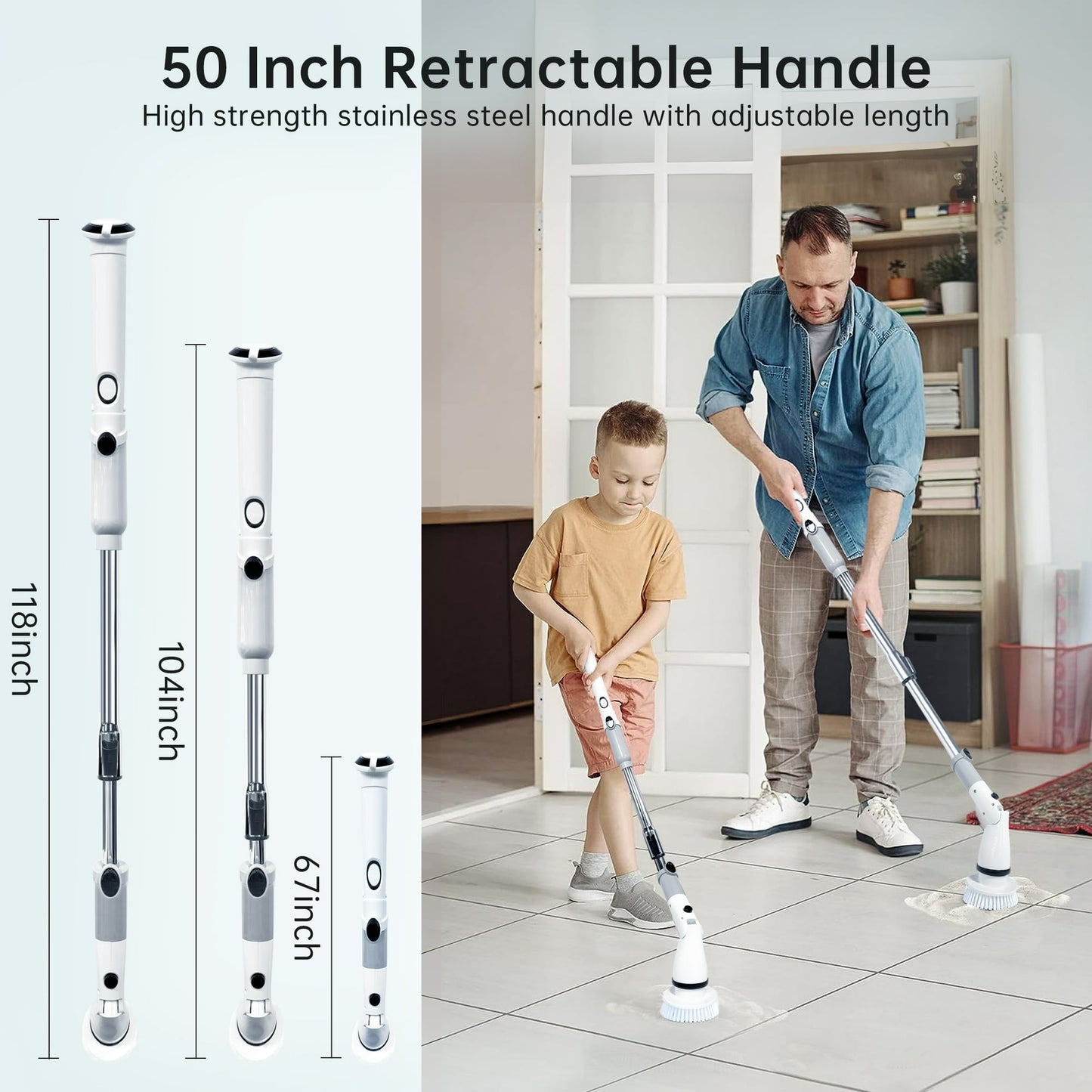Electric Spin Scrubber, Cordless Power Brush Floor Scrubber with Adjustable Extension Arm and 4 Replaceable Bathroom Cleaning Brush Heads, Ideal for Tub, Tile, and Floor Cleaning