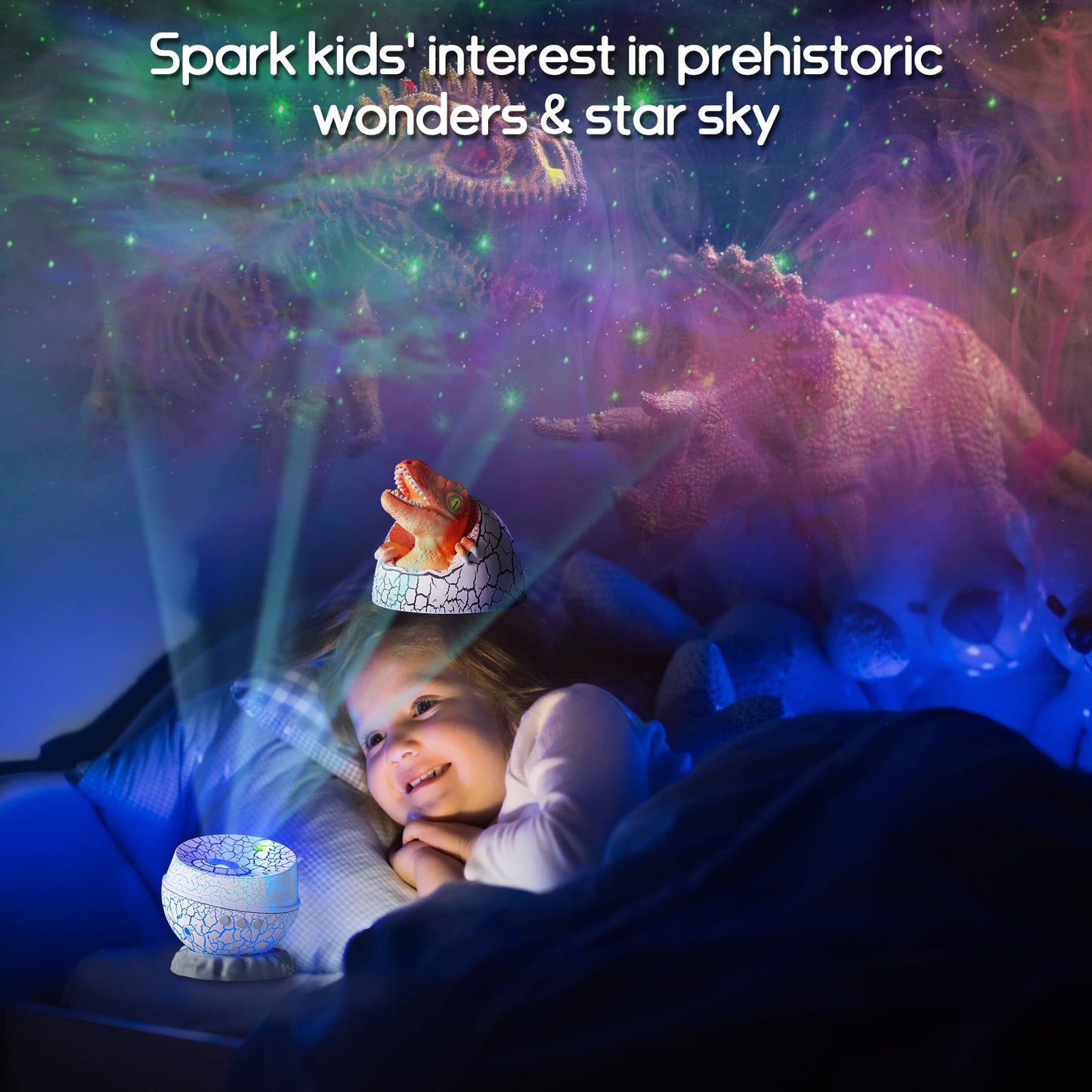 Fixdono Star Projector, LED Galaxy Light with Bt Music, 8 Color Dinosaur Egg Night Light for Kids