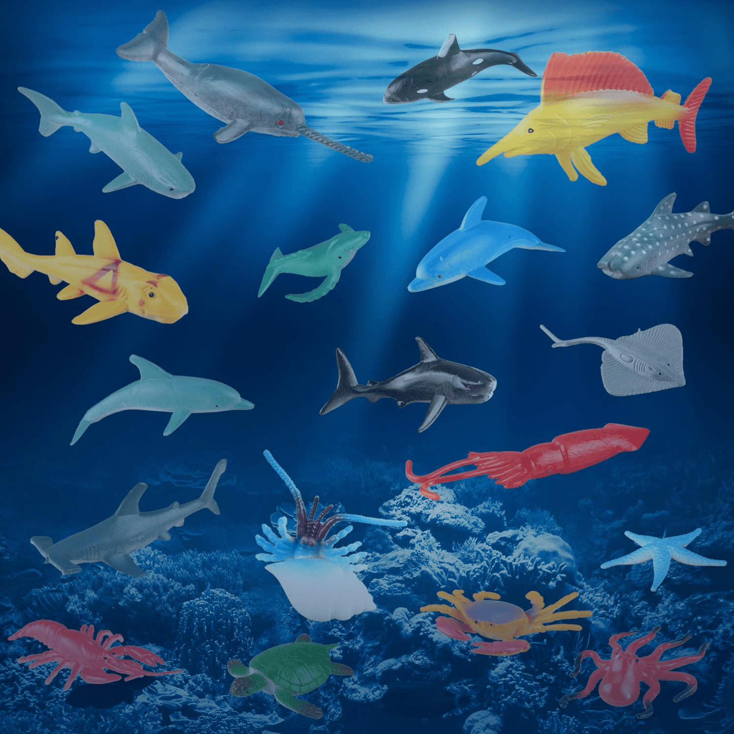 24 Pack Plastic Sea Ocean Animals Figure Sea Creatures Model Toys Set, Baby Bath Toys, Birthday Toys for Kids with Turtle Octopus Shark